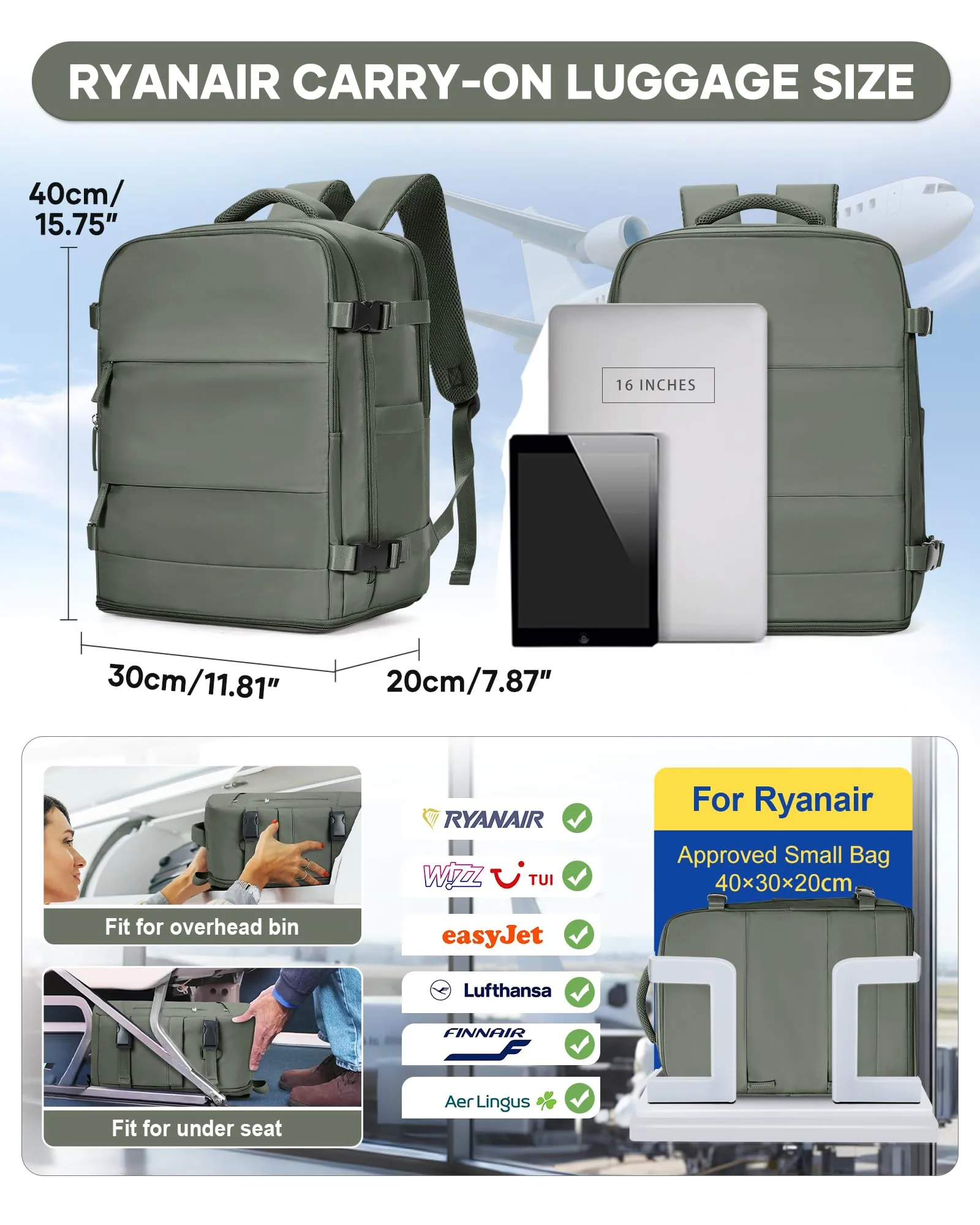 BJLFS Zaino da Viaggio Ryanair 40x30x20 Sottovuoto con Pompa - immagine 3