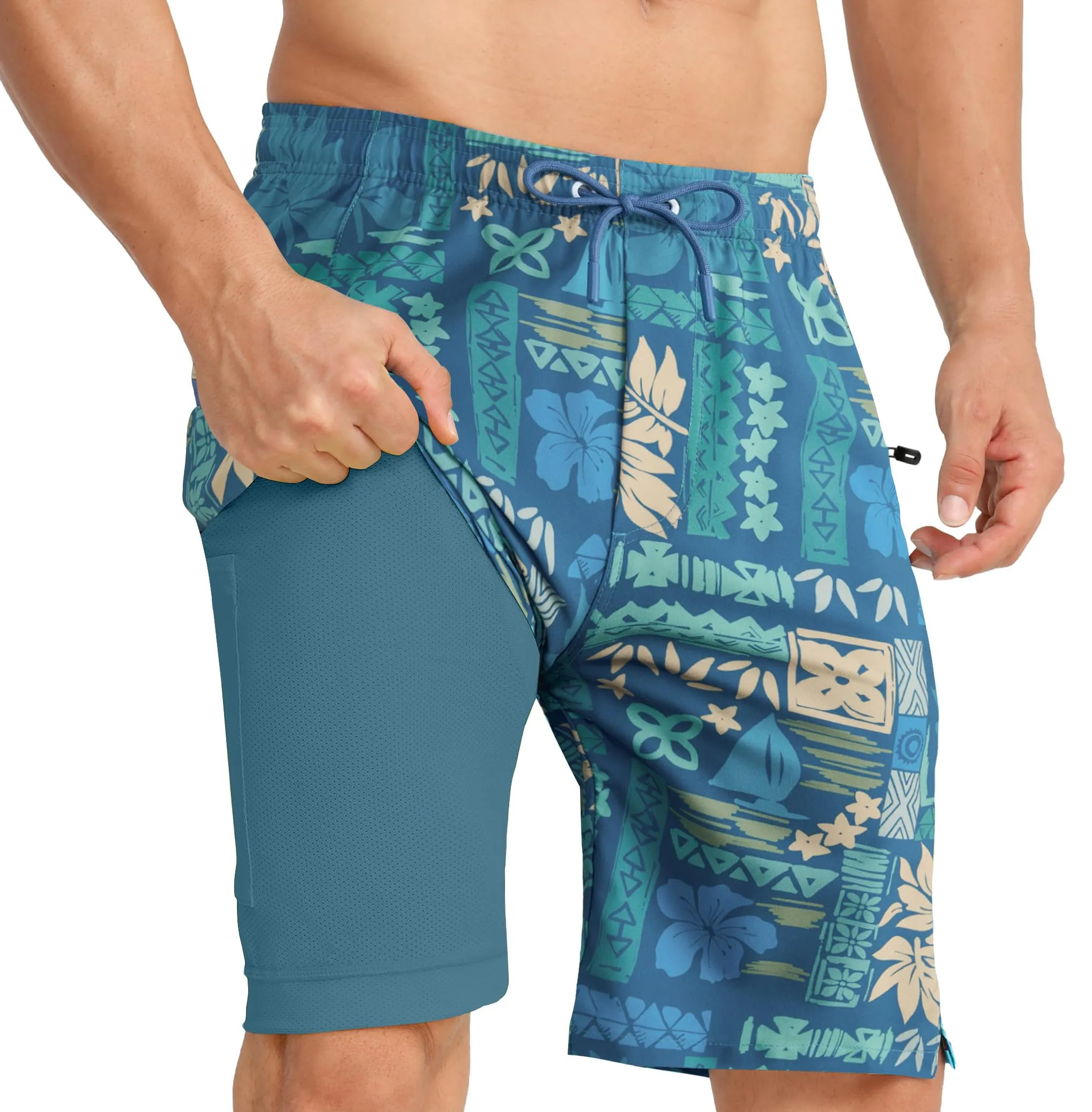 APTRO Pantaloncini da bagno da uomo 2 in 1 con fodera a compressione, asciugatura rapida, tasche con cerniera, Retro colorato Mk040, XL - immagine 1