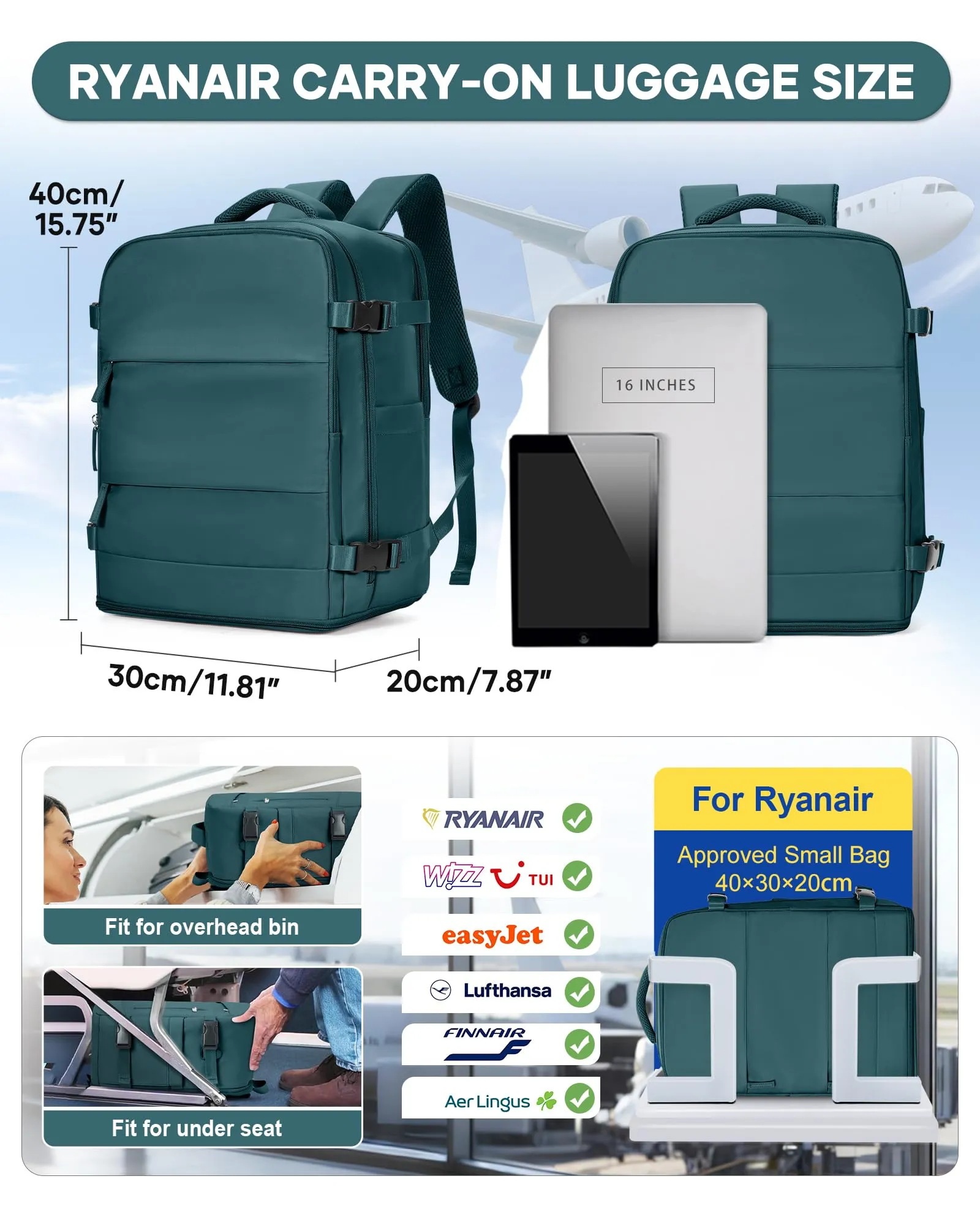 BJLFS Zaino da Viaggio Ryanair 40x30x20 Sottovuoto con Pompa - immagine 3