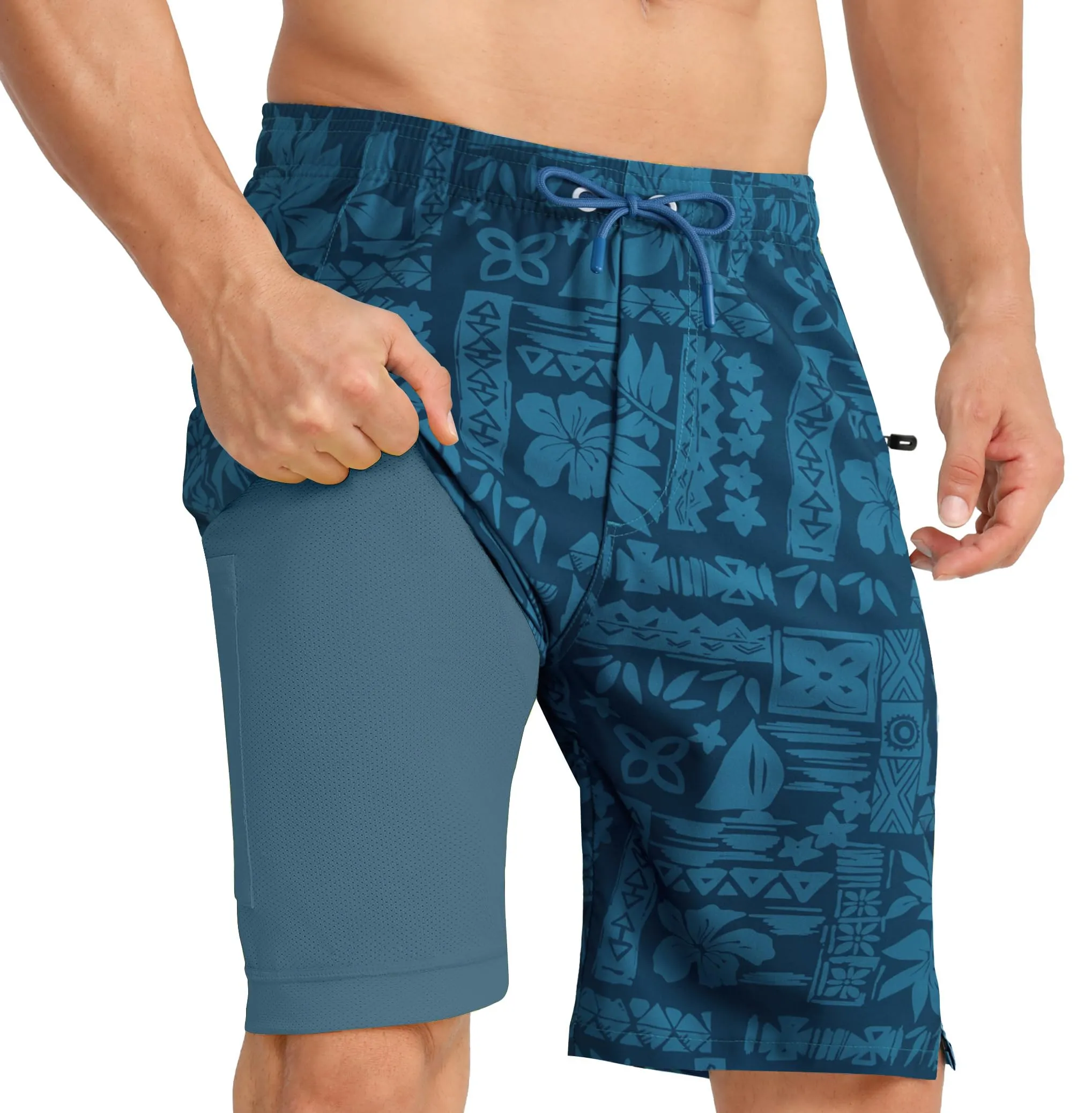 APTRO Pantaloncini da bagno da uomo 2 in 1 con fodera a compressione, Retro Blue Mk039, S - immagine 1