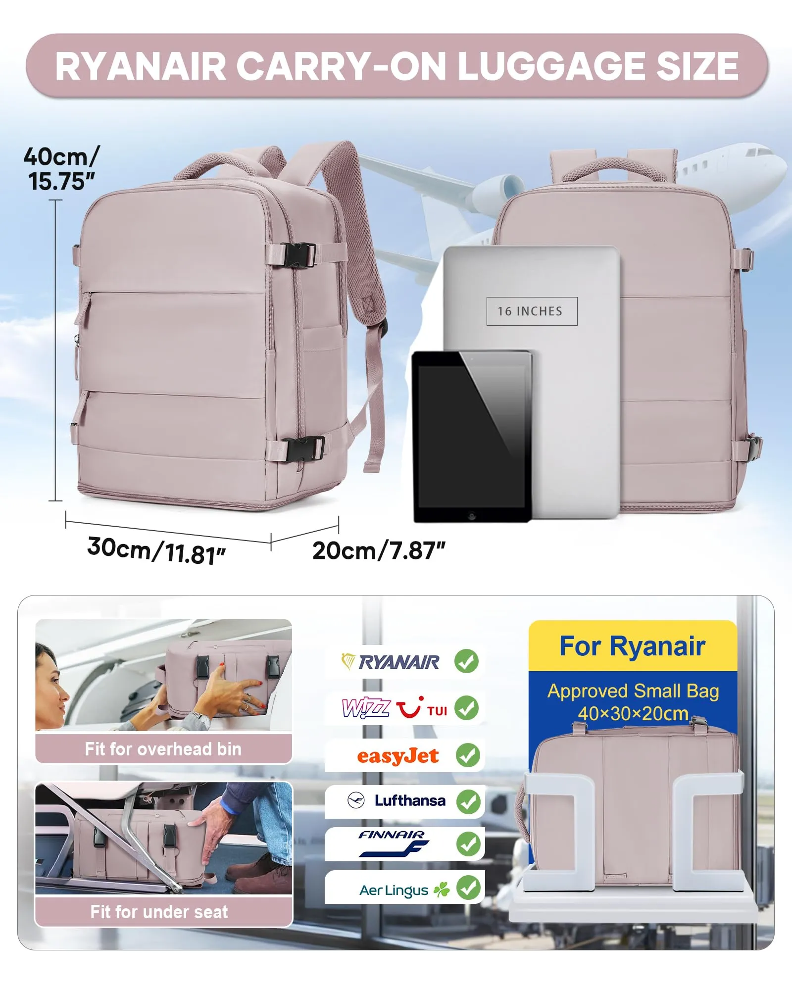 BJLFS Zaino Ryanair 40x30x20 Sottovuoto con Pompa per Viaggio Aereo - immagine 3