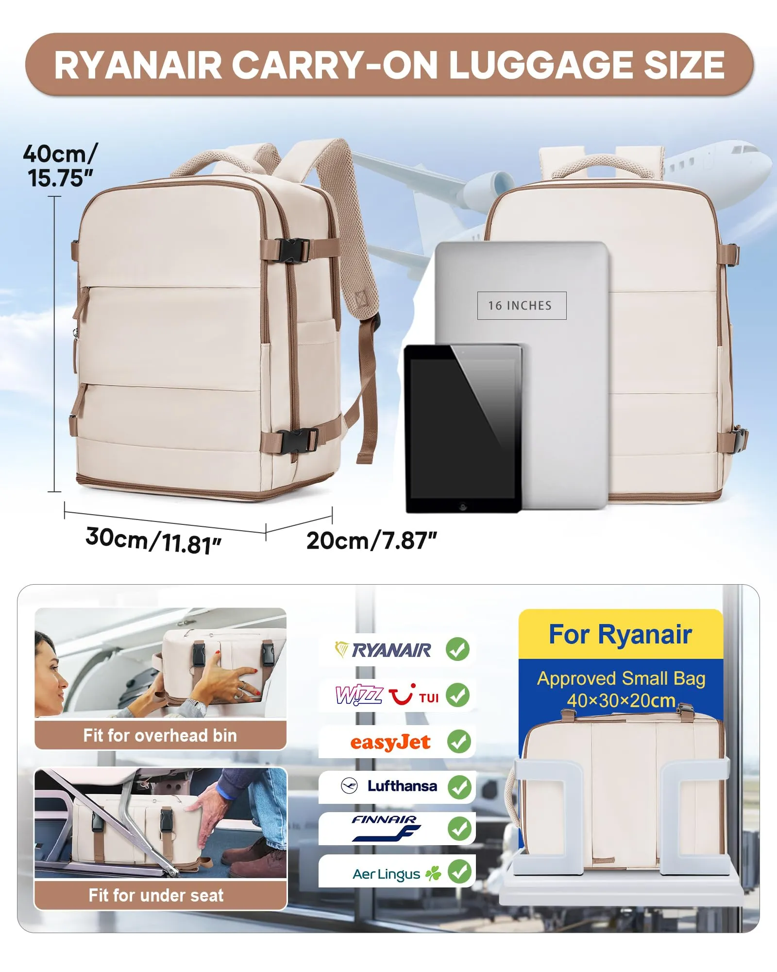 BJLFS Zaino da Viaggio Sottovuoto con Pompa 40x30x20 Impermeabile per Ryanair, Wizzair, Easyjet - immagine 3