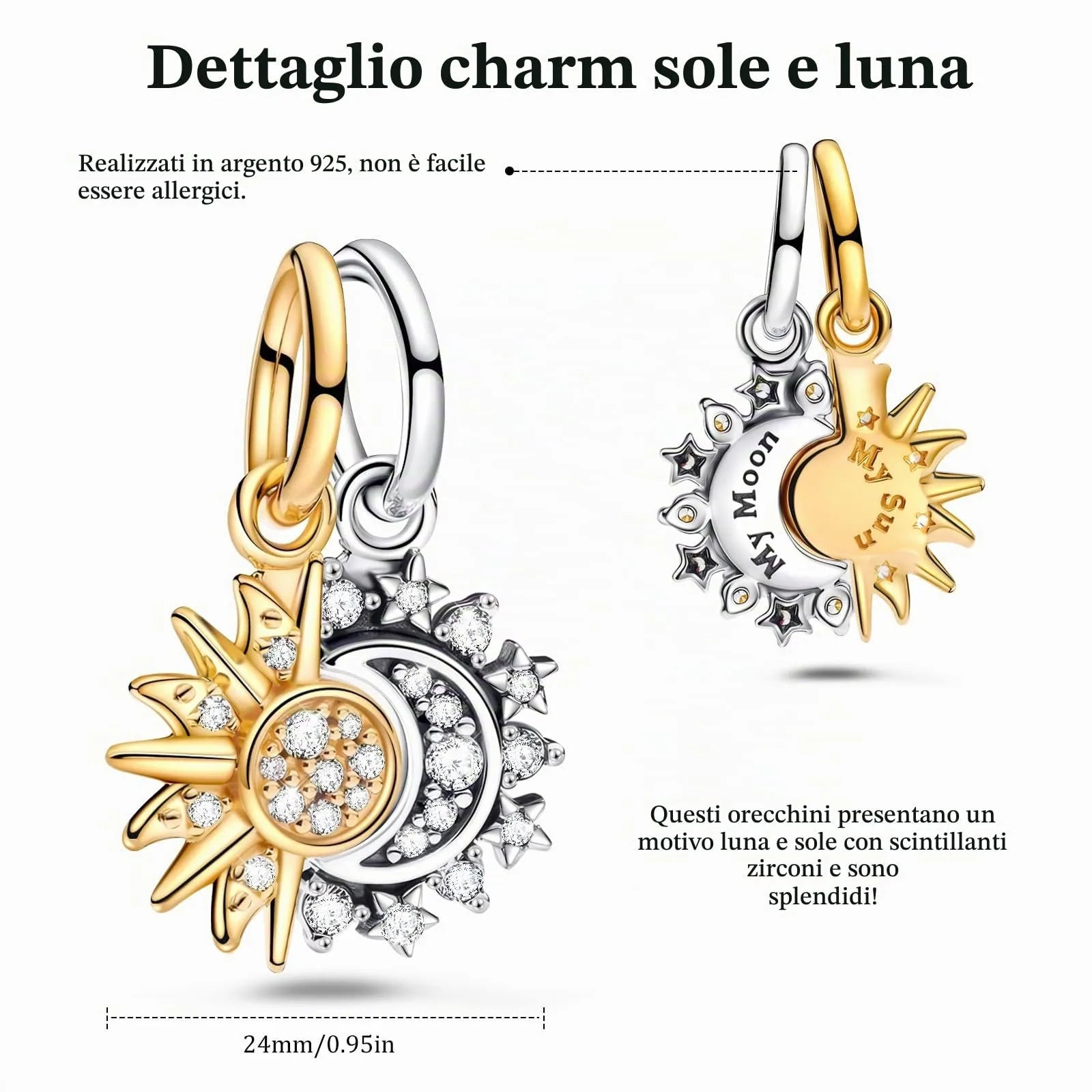 Ahokei Ciondoli Sole e Luna in Argento S925 e Oro per Bracciale e Collana - immagine 2