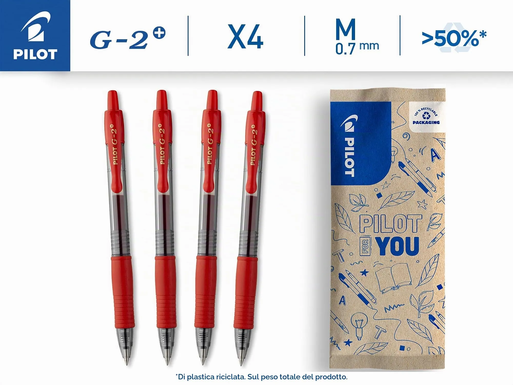 Pilot G2 Plus Penne Roller Gel Retrattili e Ricaricabili, Punta Media, Rosso, Set di 4 - immagine 2