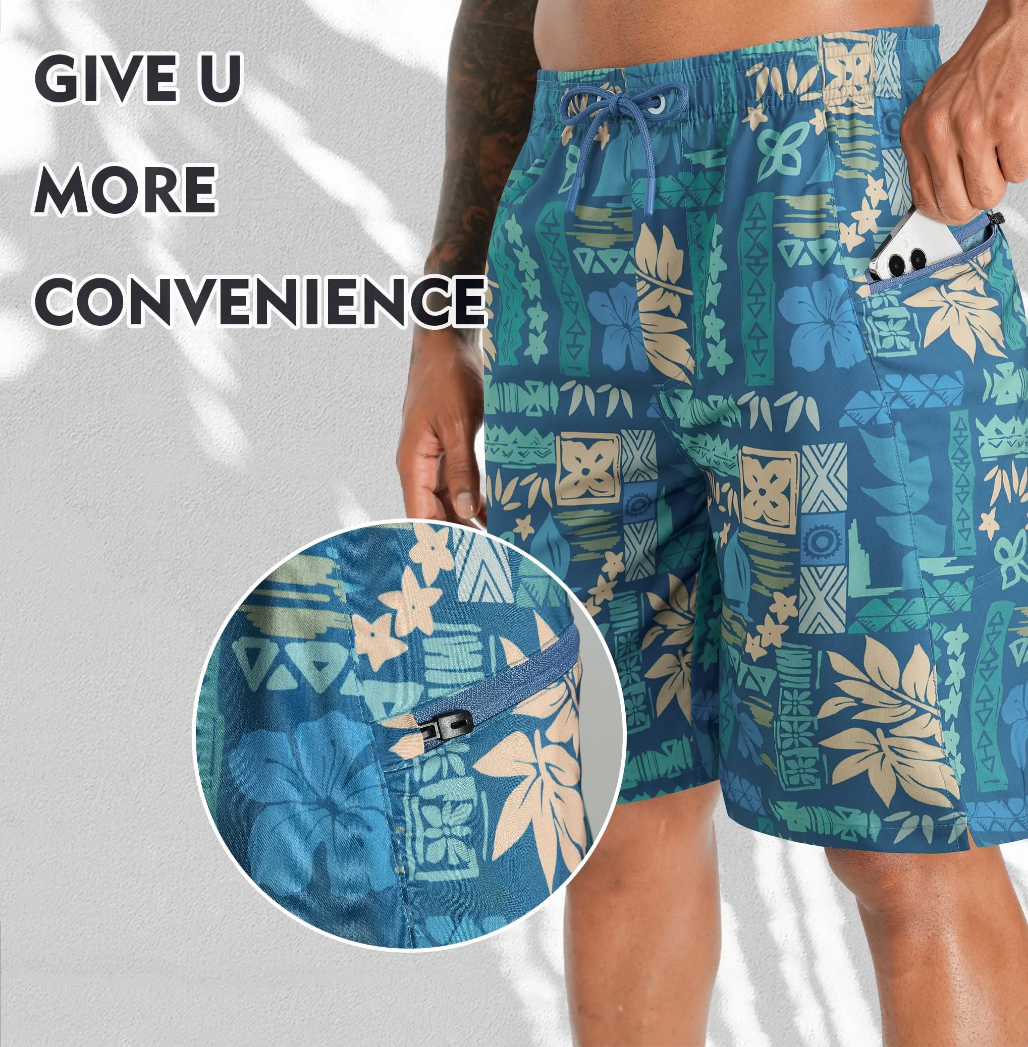 APTRO Pantaloncini da bagno da uomo 2 in 1 con fodera a compressione, asciugatura rapida, tasche con cerniera, Retro colorato Mk040, L - immagine 4