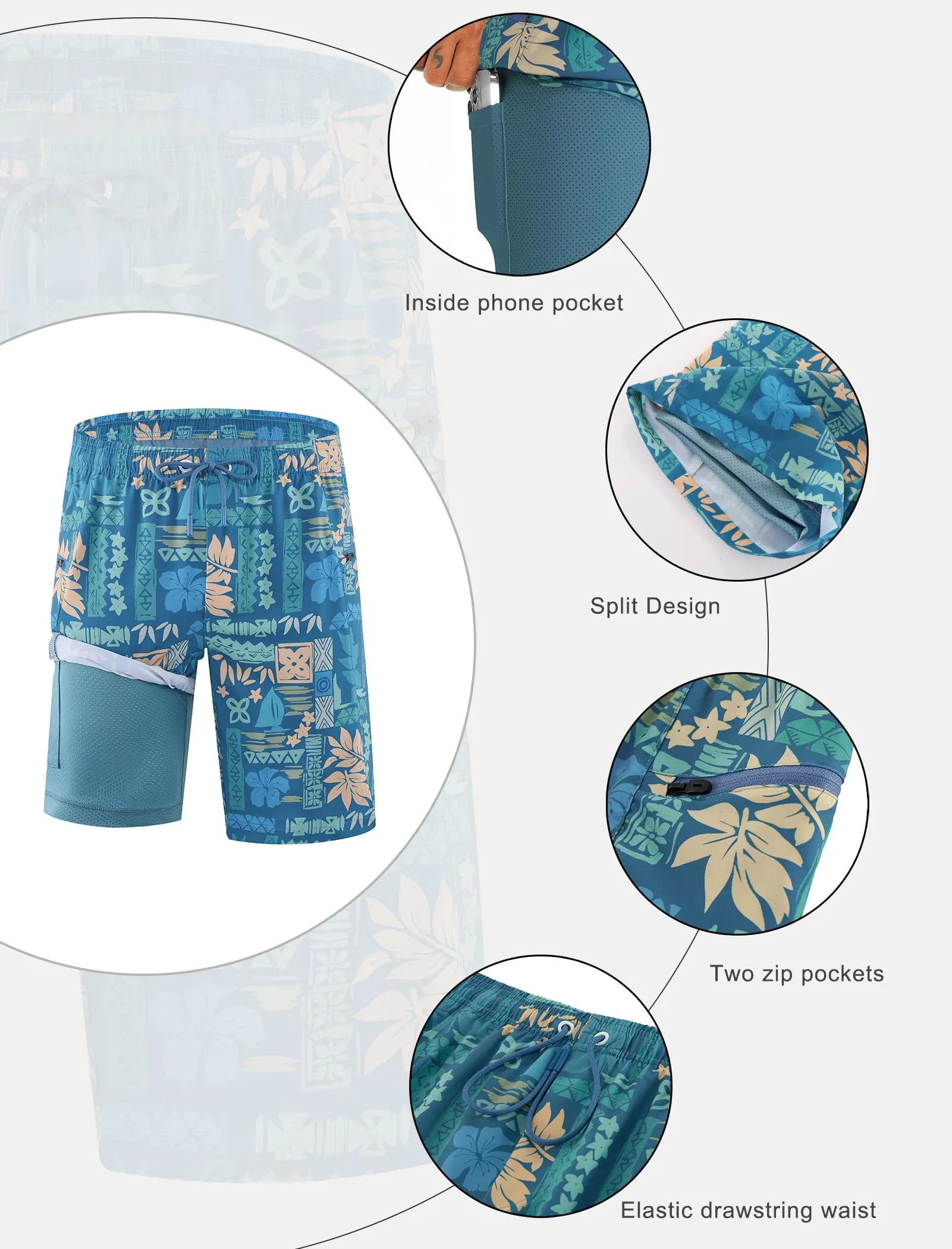 APTRO Pantaloncini da bagno da uomo 2 in 1 con fodera a compressione, asciugatura rapida, tasche con cerniera, Retro colorato Mk040, S - immagine 5