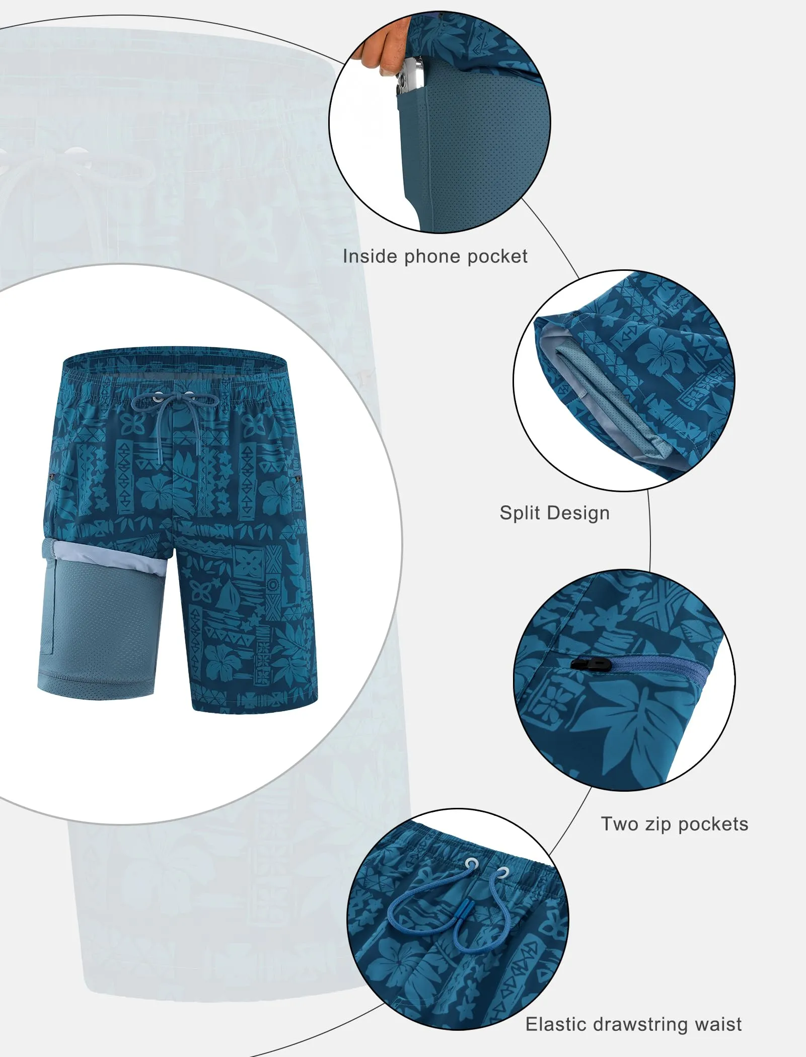 APTRO Pantaloncini da bagno da uomo 2 in 1 con fodera a compressione, asciugatura rapida, tasche con cerniera, Retro Blue Mk039, 3XL - immagine 5
