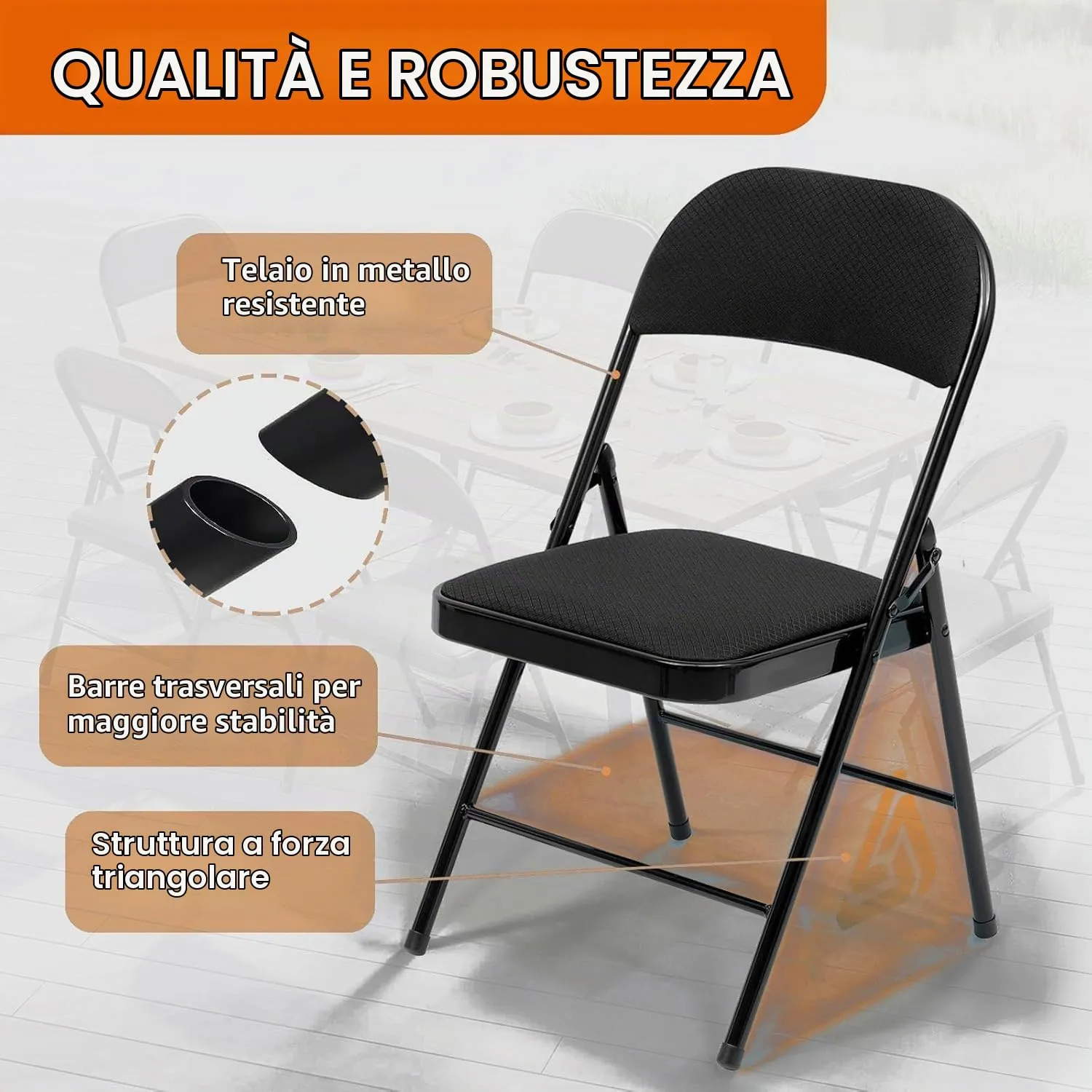 Asdsed Set di 6 Sedie Pieghevoli Imbottite, Nero - immagine 4