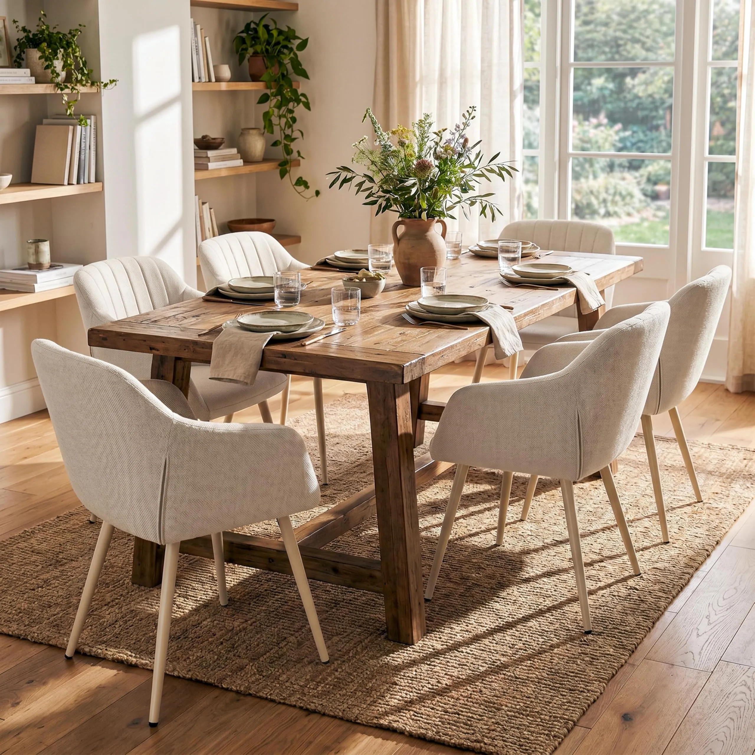 Goeurvant Set di 6 Sedie da Pranzo Beige con Braccioli, Poltroncina Imbottita in Lino con Gambe in Metallo - immagine 2