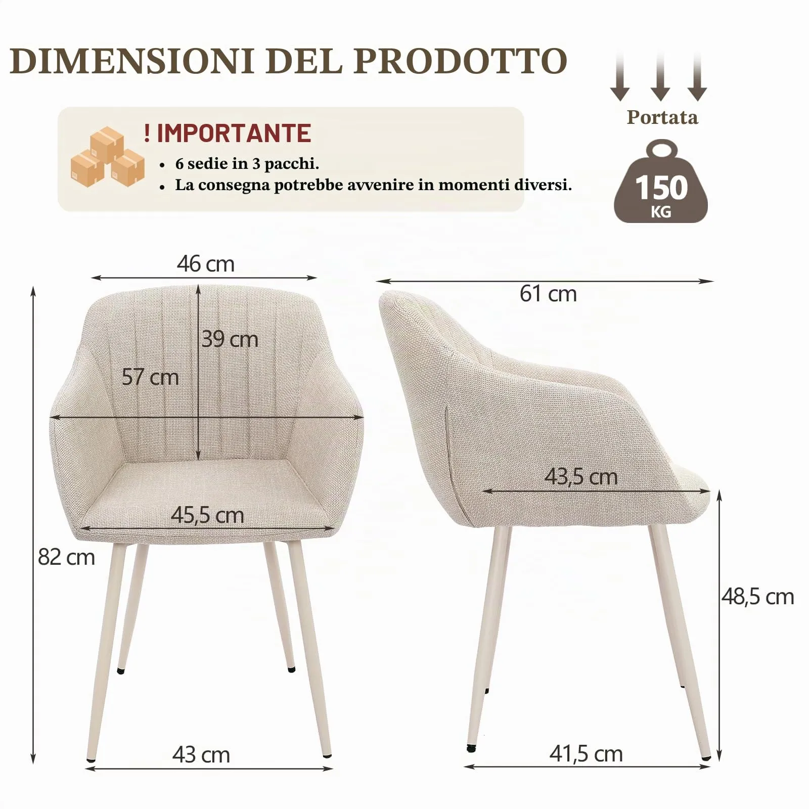Goeurvant Set di 6 Sedie da Pranzo Beige con Braccioli, Poltroncina Imbottita in Lino con Gambe in Metallo - immagine 5
