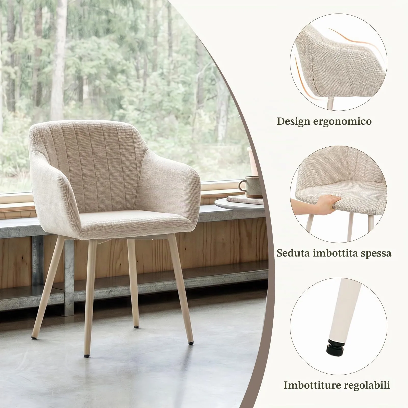 Goeurvant Set di 6 Sedie da Pranzo Beige con Braccioli, Poltroncina Imbottita in Lino con Gambe in Metallo - immagine 6