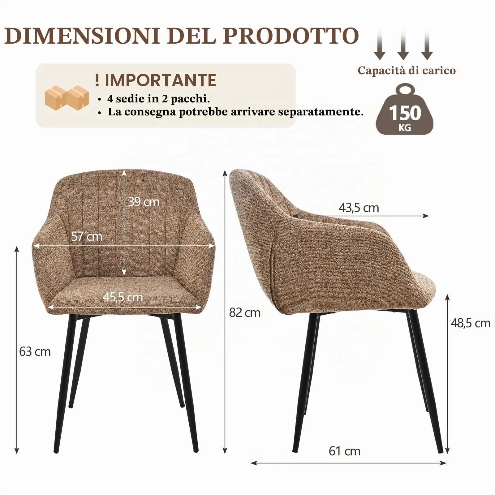 Goeurvant Set di 4 Sedie da Pranzo con Braccioli in Ciniglia, Gambe in Metallo, Marrone caffè - immagine 3