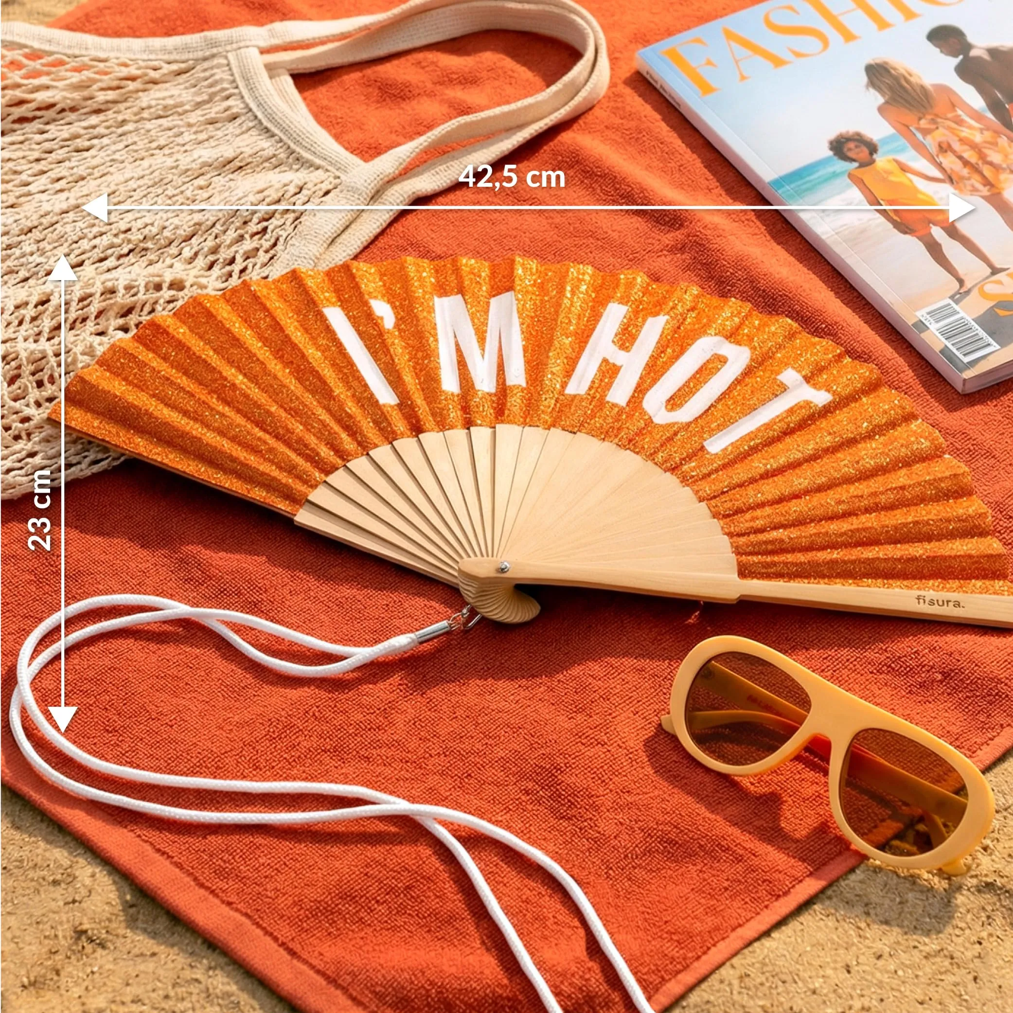 Fisura Ventaglio I’m hot in legno con glitter arancione e laccetto, 42,5 x 23 cm - immagine 6