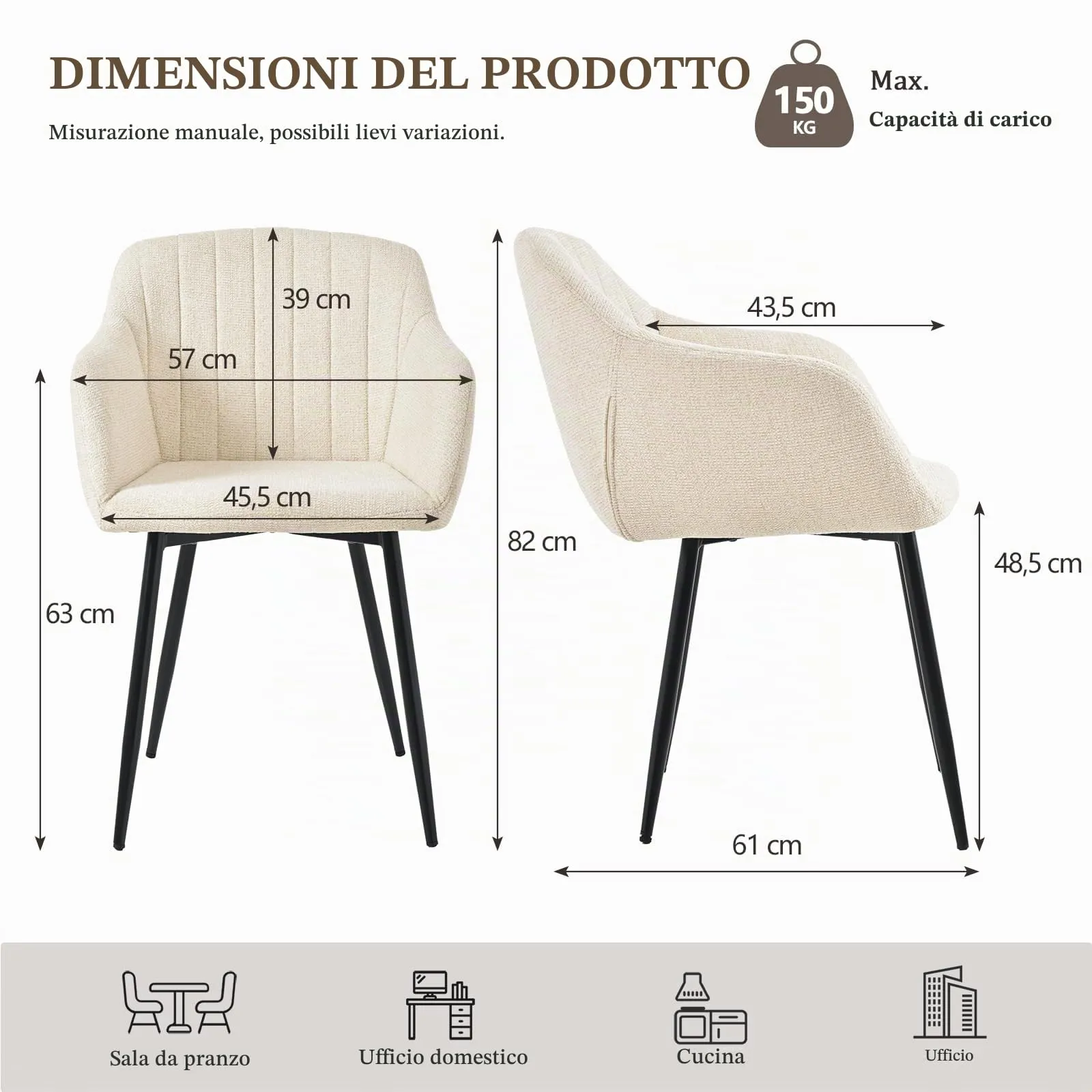 Goeurvant Set di 2 Sedie da Pranzo con Braccioli, Imbottite in Ciniglia, Gambe in Metallo, Crema - immagine 2