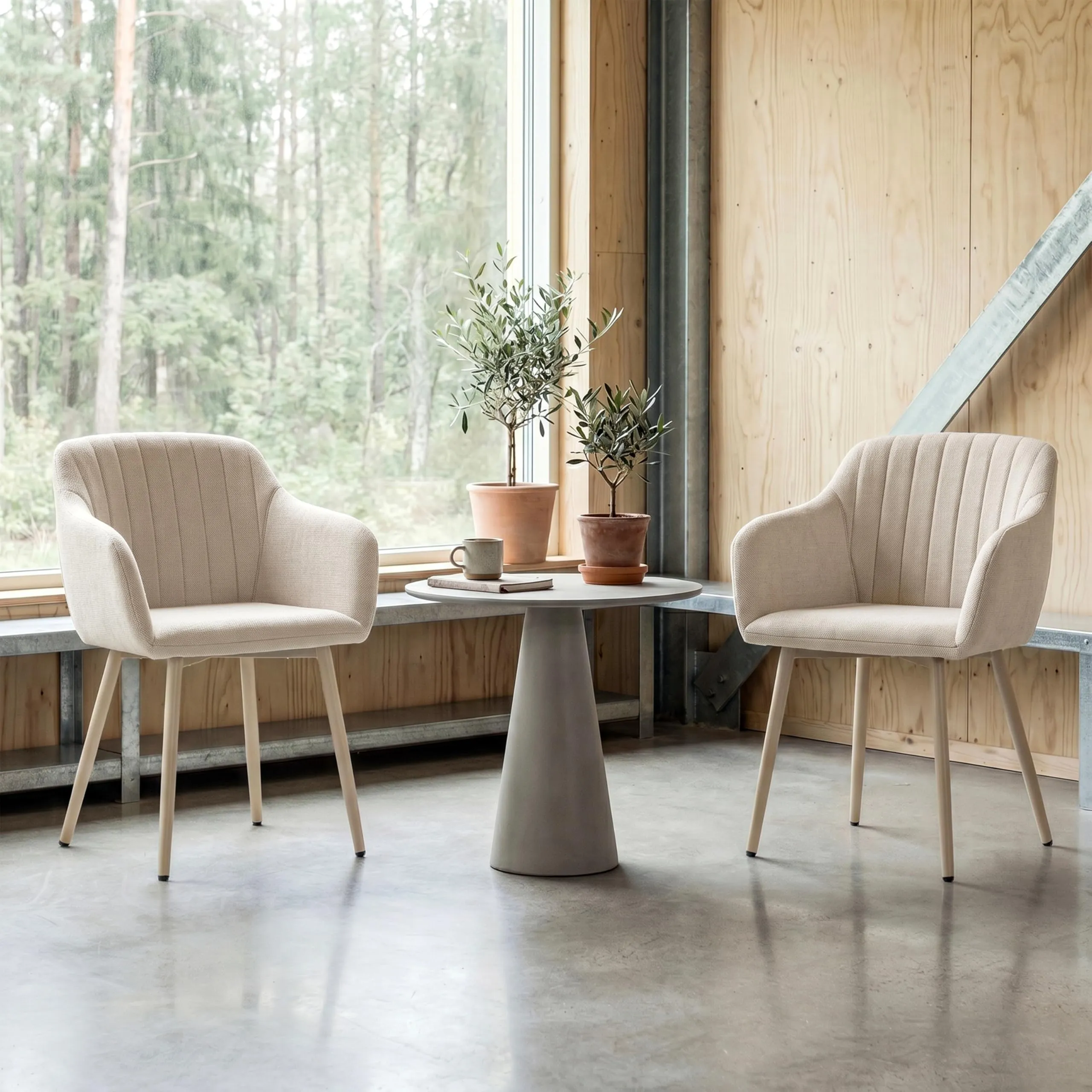 Goeurvant Set di 4 Sedie da Pranzo con Braccioli, Poltroncina Imbottita in Lino Beige, Gambe in Metallo - immagine 3