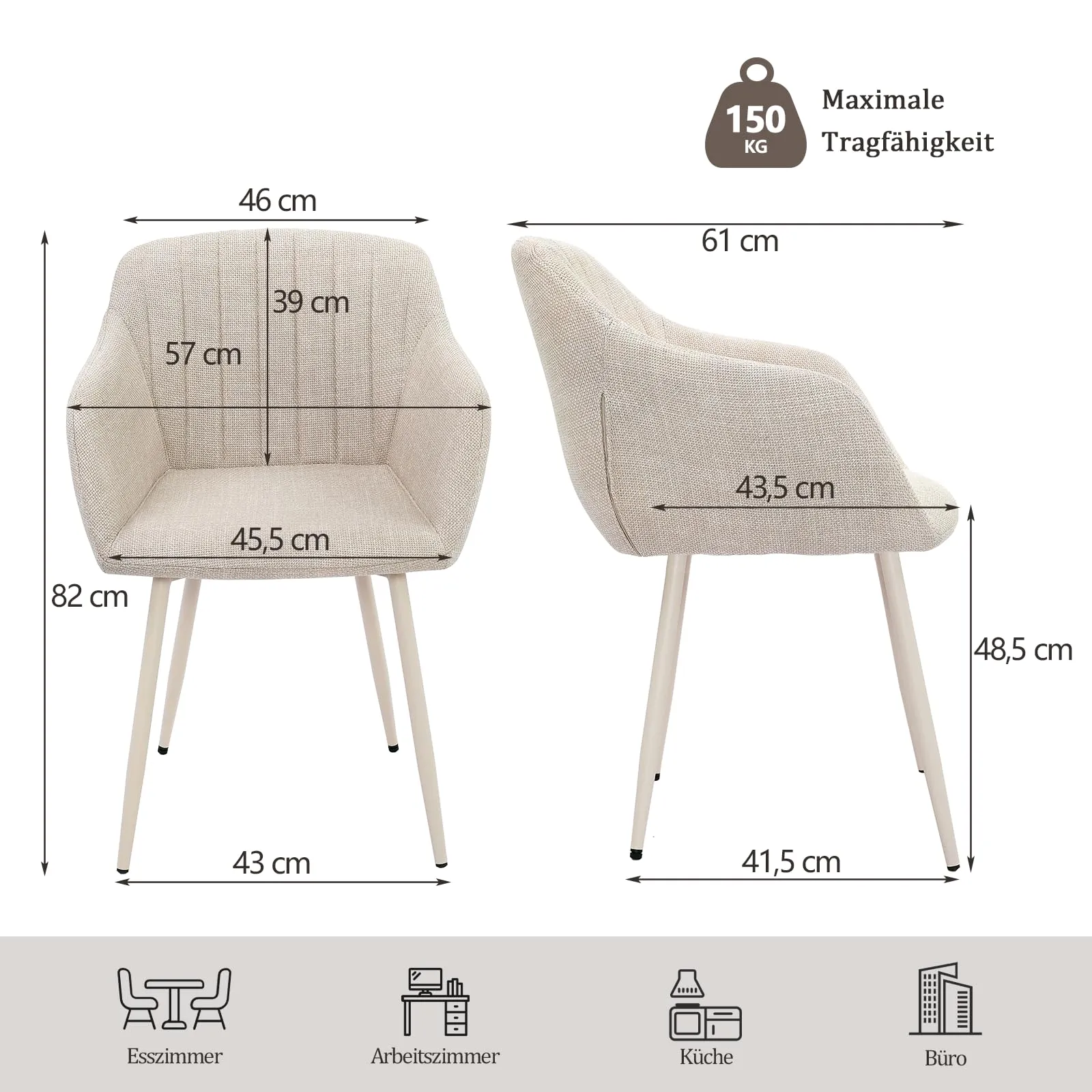 Goeurvant Set di 2 Sedie da Pranzo con Braccioli, Poltroncine Imbottite in Lino Beige con Gambe in Metallo - immagine 4