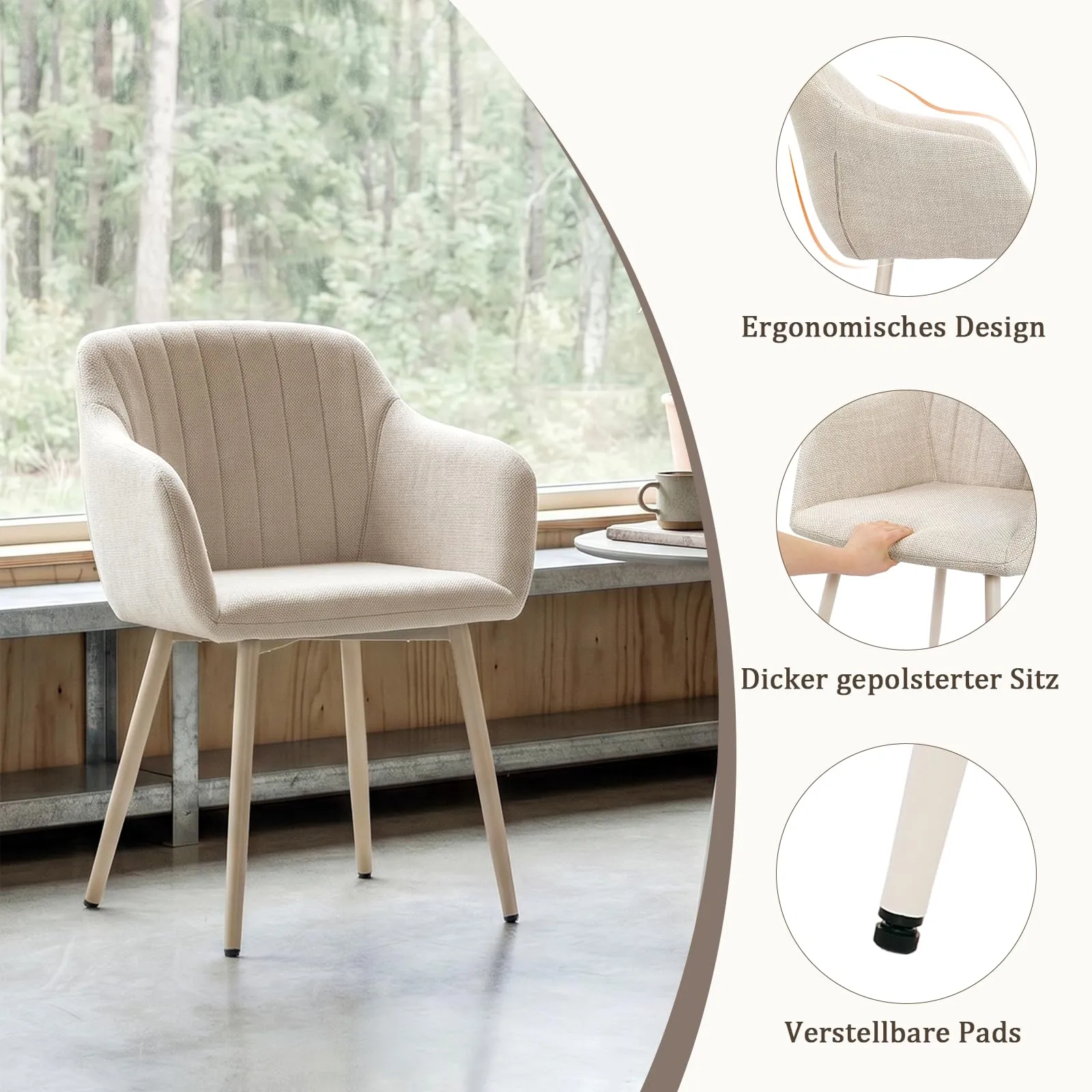 Goeurvant Set di 2 Sedie da Pranzo con Braccioli, Poltroncine Imbottite in Lino Beige con Gambe in Metallo - immagine 5
