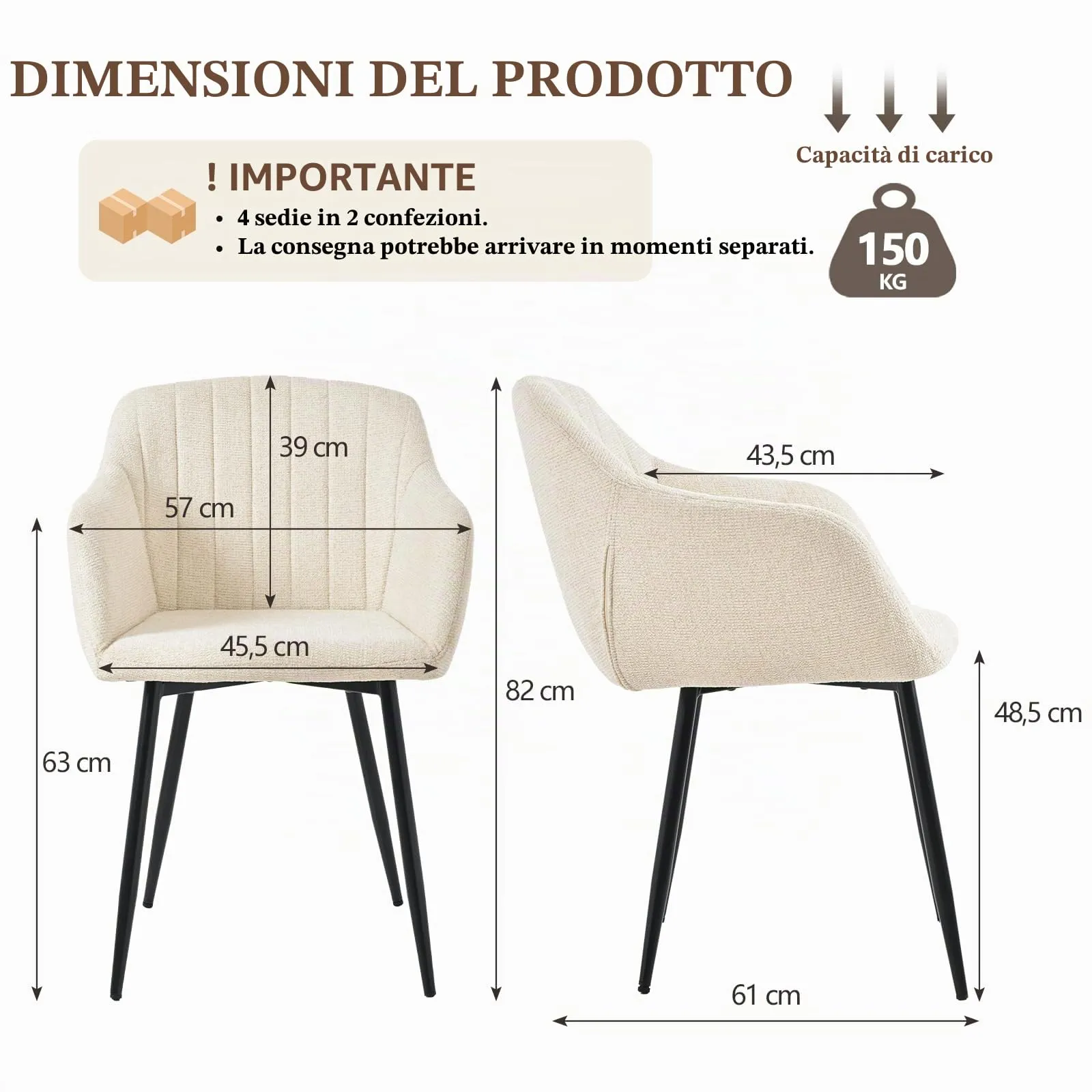 Goeurvant Set di 4 Sedie da Pranzo con Braccioli in Ciniglia, Gambe in Metallo, Crema - immagine 2
