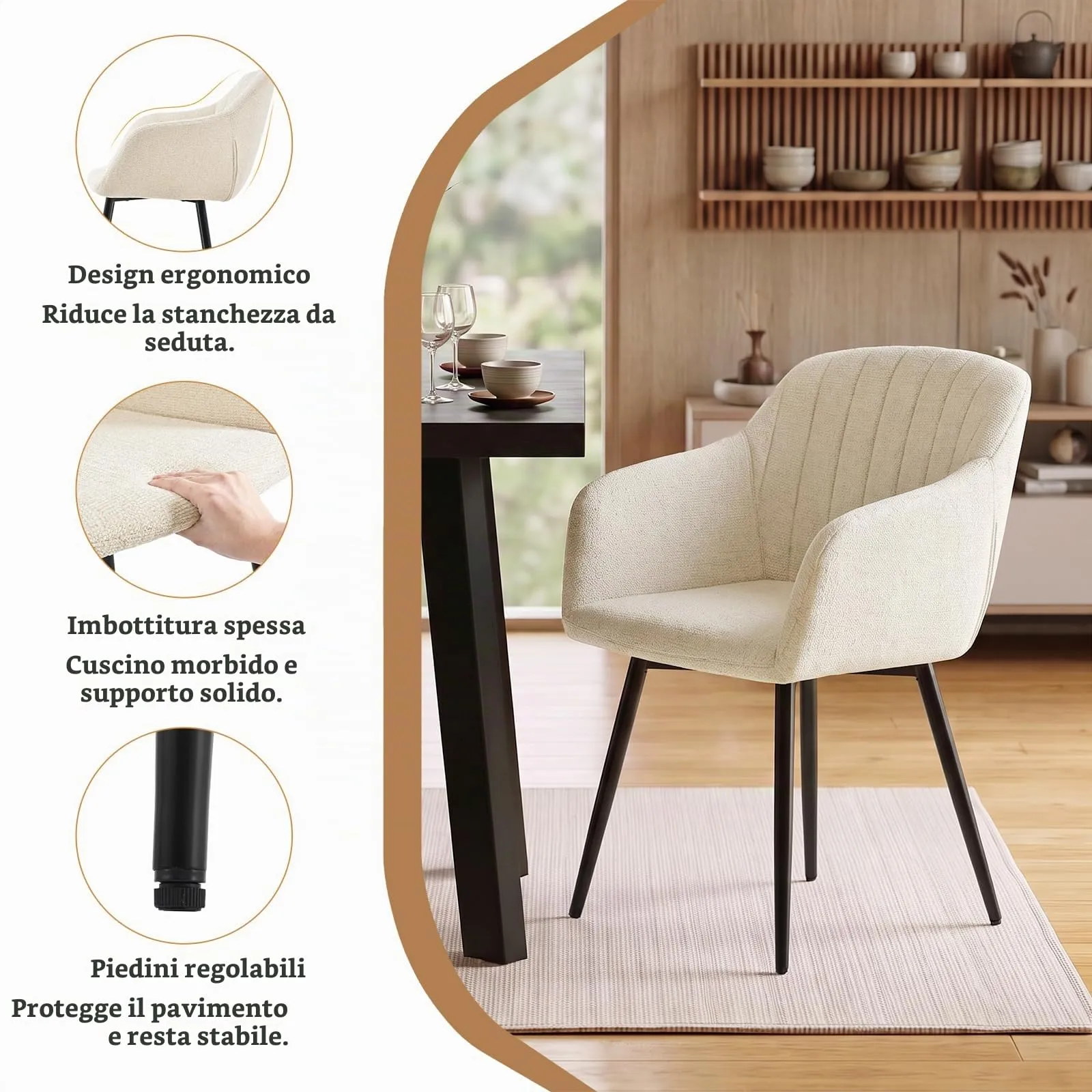 Goeurvant Set di 4 Sedie da Pranzo con Braccioli in Ciniglia, Gambe in Metallo, Crema - immagine 4