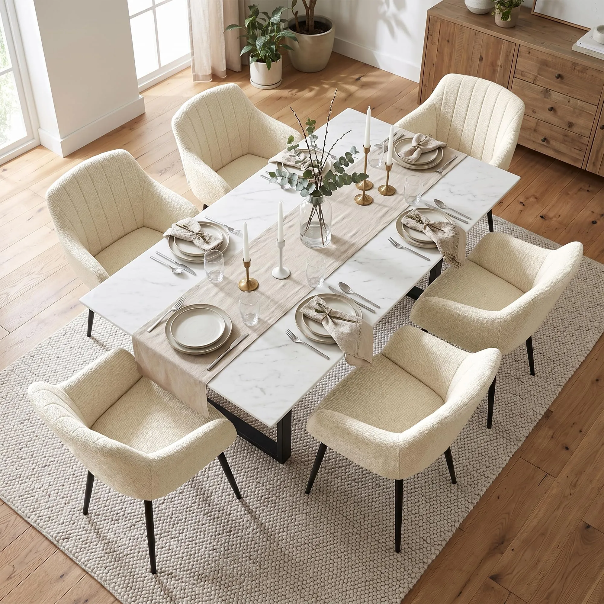 Goeurvant Set di 4 Sedie da Pranzo con Braccioli in Ciniglia, Gambe in Metallo, Crema - immagine 5