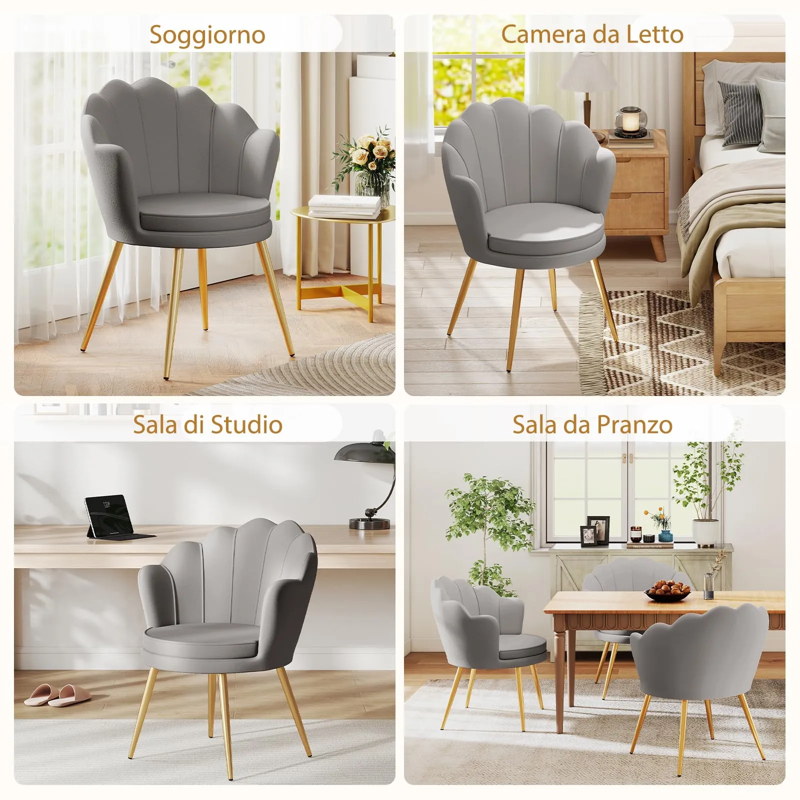 Ckaff Set di 2 Poltrone Conchiglia in Velluto con Gambe in Oro, Grigio - immagine 3