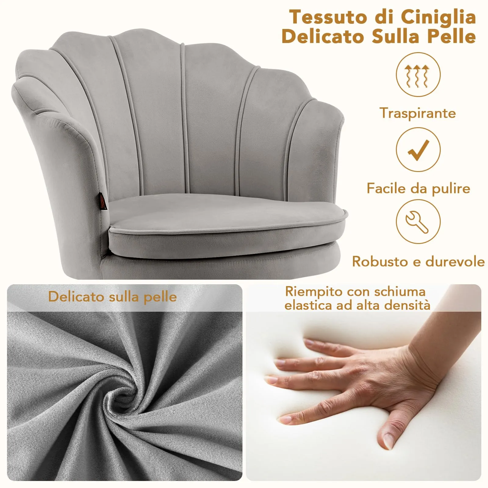 Ckaff Set di 2 Poltrone Conchiglia in Velluto con Gambe in Oro, Grigio - immagine 6