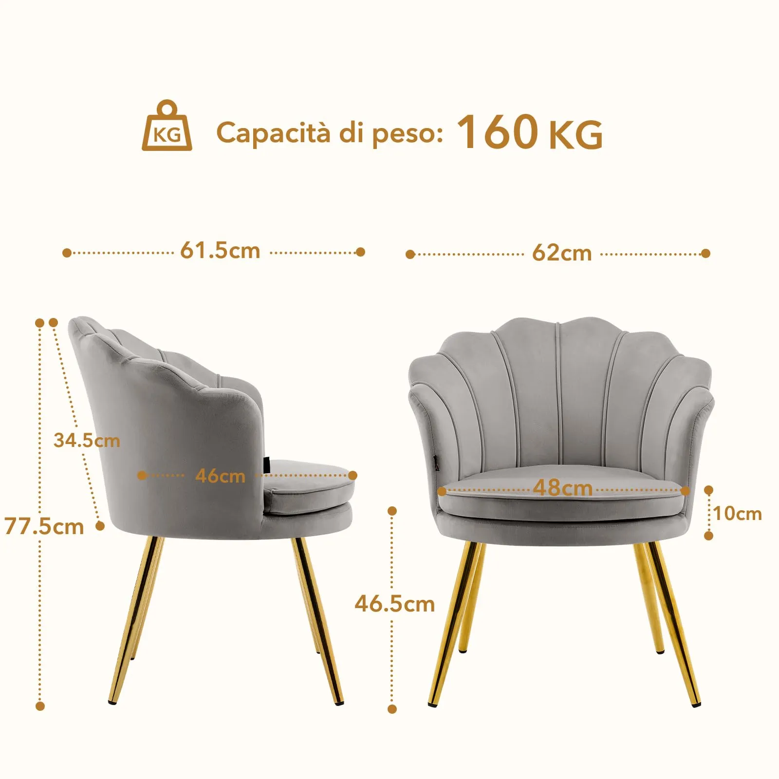 Ckaff Set di 2 Poltrone Conchiglia in Velluto con Gambe in Oro, Grigio - immagine 7