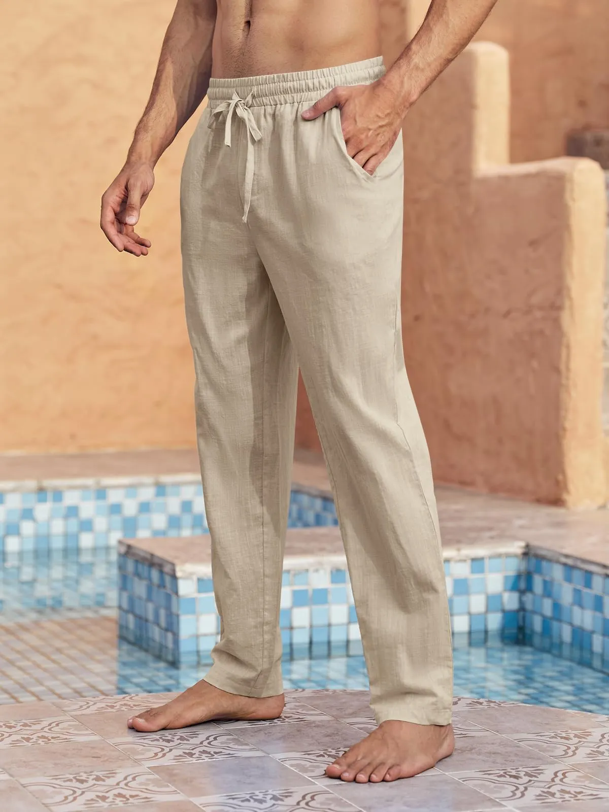 Runcati Pantaloni da Uomo in Lino e Cotone con Coulisse, Albicocca, 3XL - immagine 4
