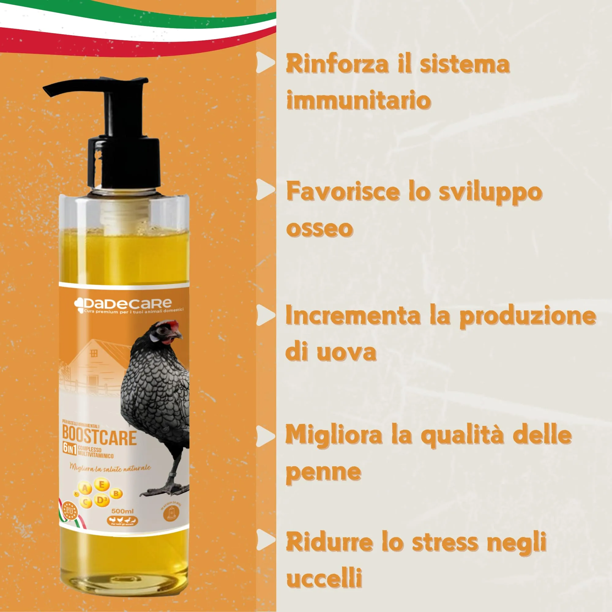 Dadecare Multivitaminico 6 in 1 per Uccelli, Galline, Polli, Piccioni e Pappagalli, Vitamine A-E-D-C-B, 500ml con Dosatore - immagine 2