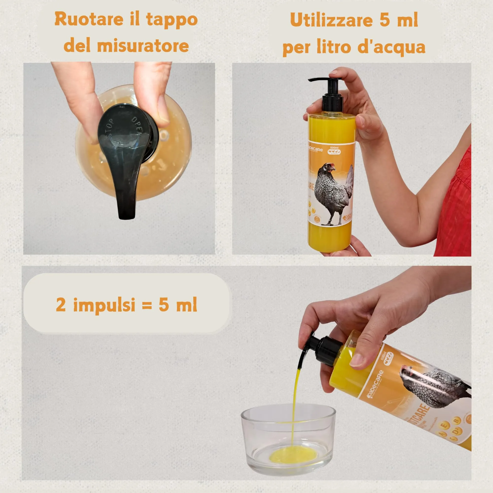 Dadecare Multivitaminico 6 in 1 per Uccelli, Galline, Polli, Piccioni e Pappagalli, Vitamine A-E-D-C-B, 500ml con Dosatore - immagine 5