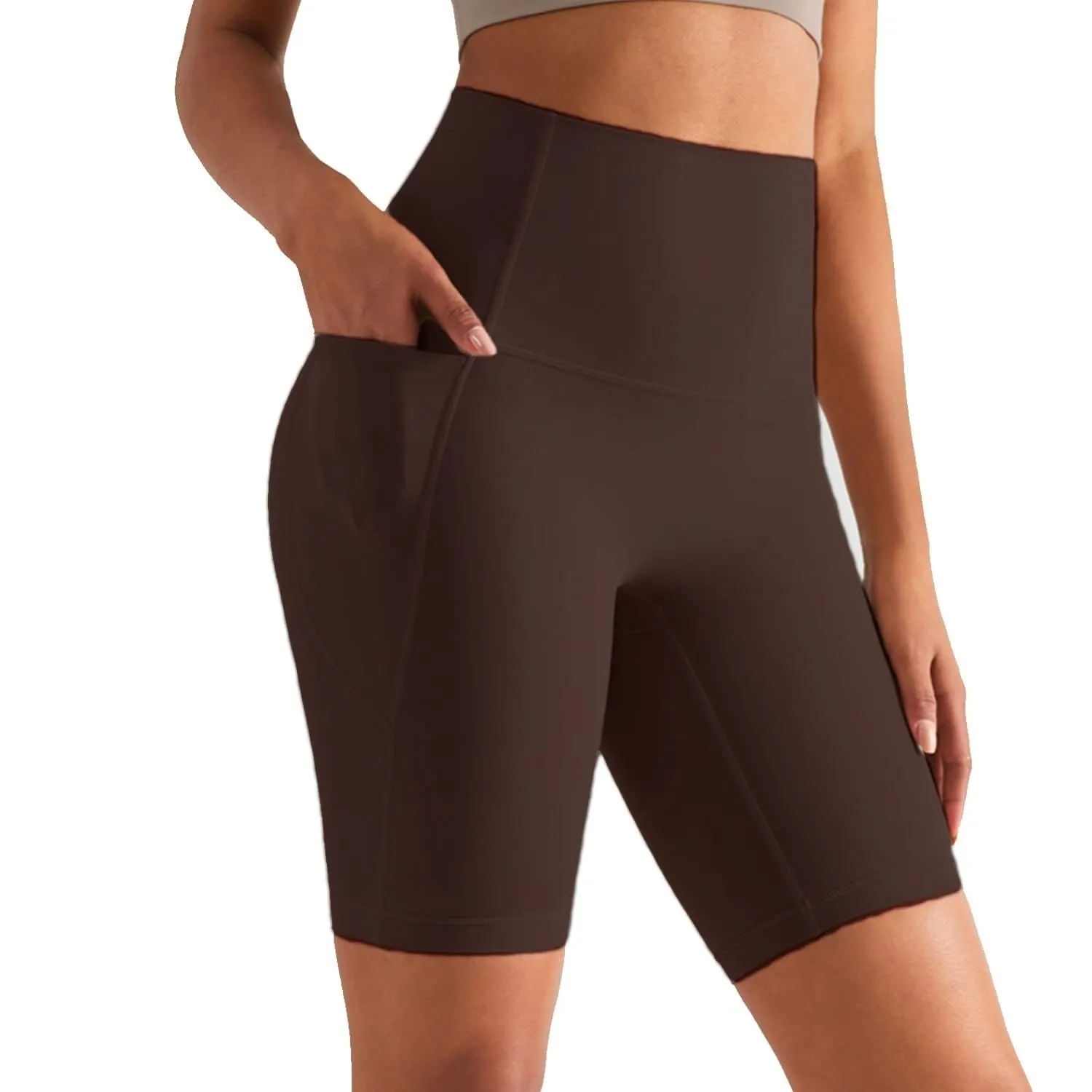XDSP Pantaloncini Sportivi da Donna Yoga a Vita Alta con Tasche Laterali, Marrone-1, S - immagine 1