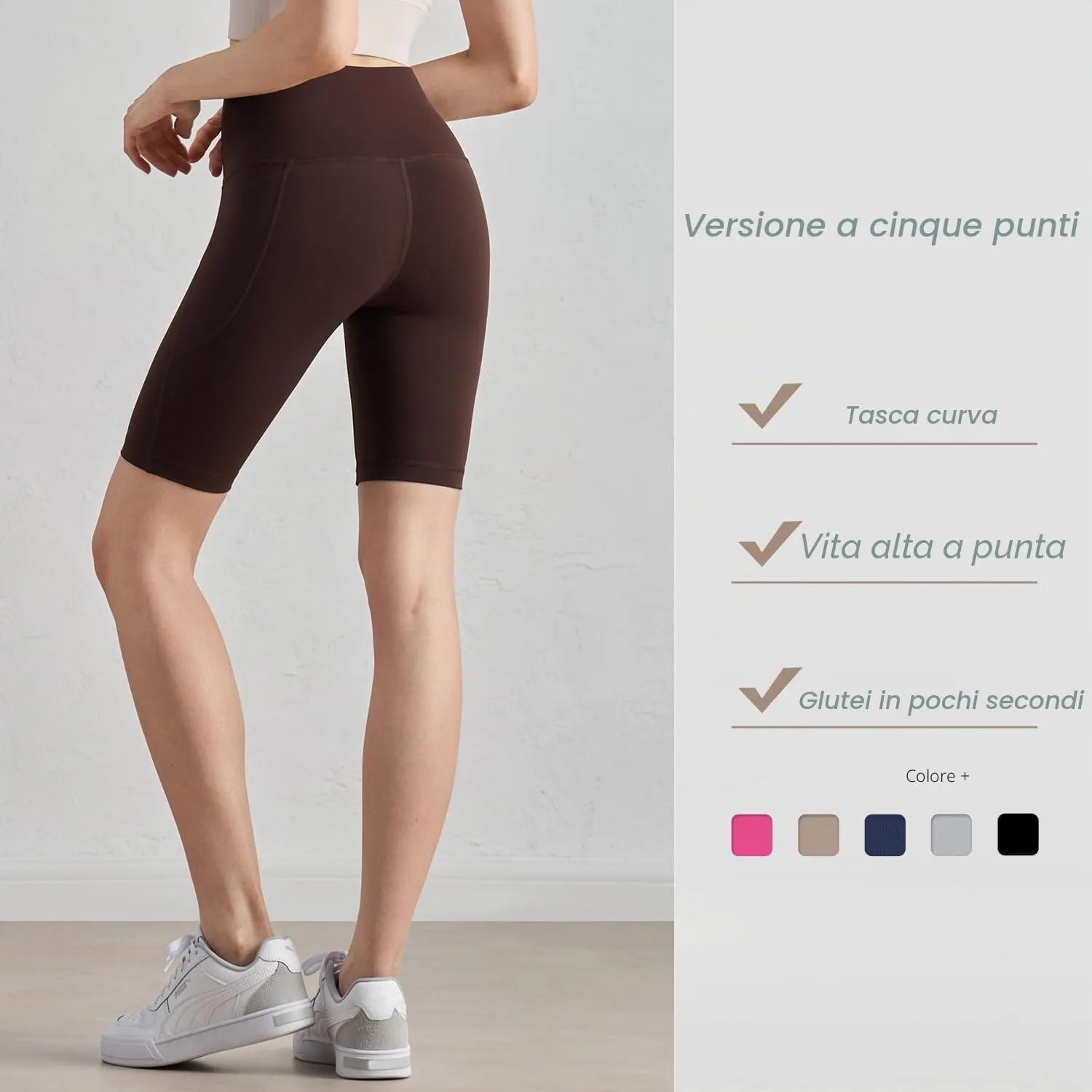 XDSP Pantaloncini Sportivi da Donna Yoga a Vita Alta con Tasche Laterali, Marrone-1, S - immagine 3