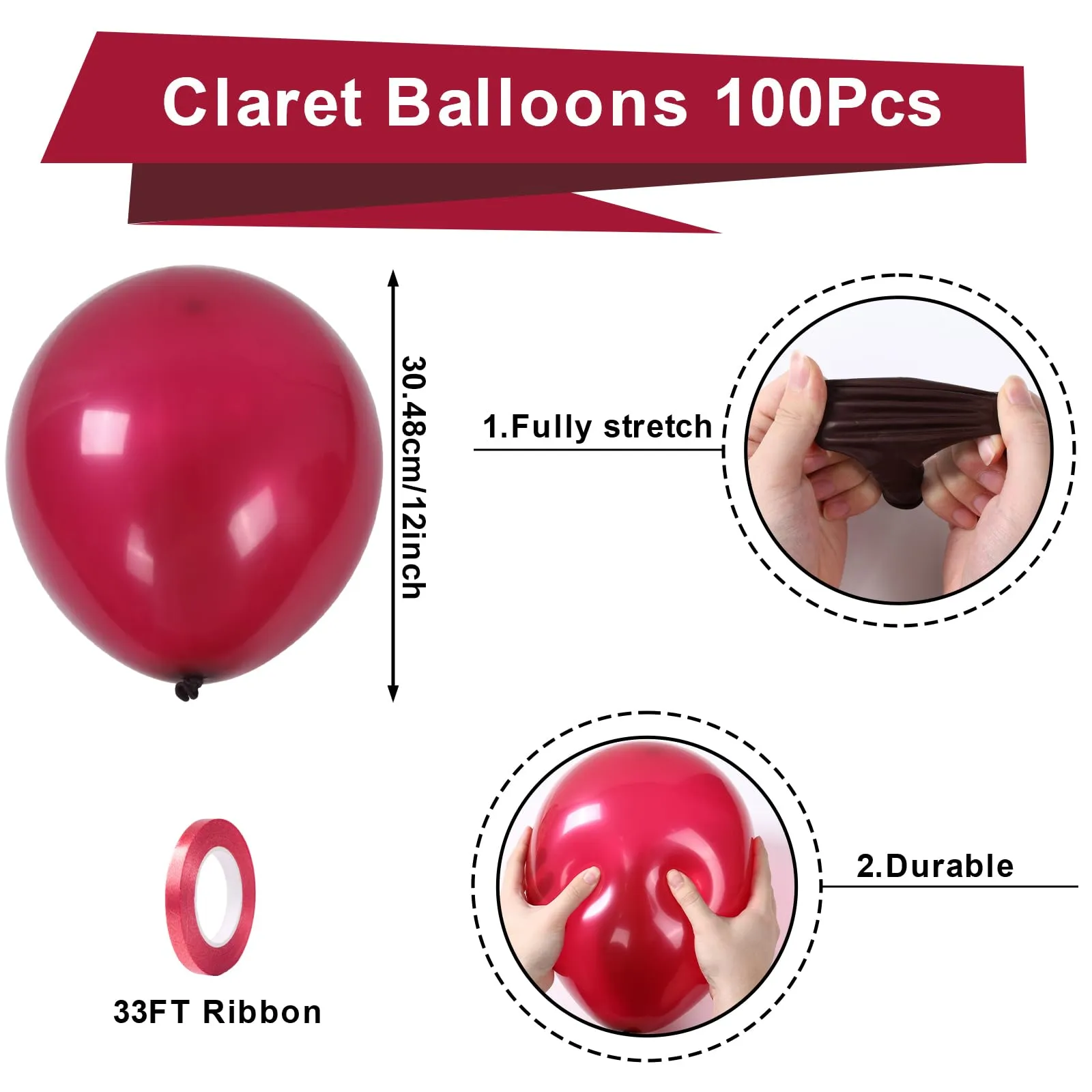 Fairymaiden Palloncini Bordeaux, 100 Pezzi, 12 Pollici - immagine 2