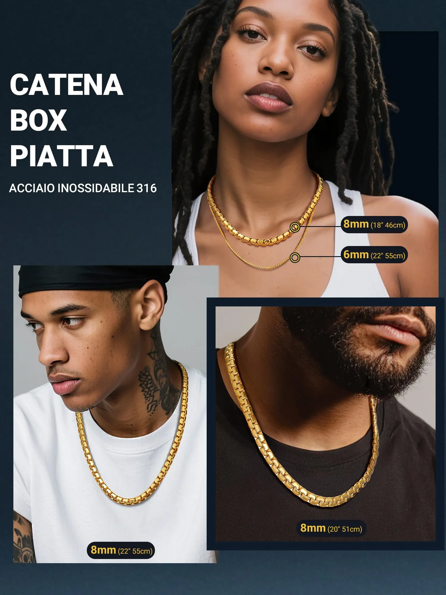 PROSTEEL Catena a Maglia Veneziana 8mm Oro Piatta 36cm Collana Uomo Acciaio - immagine 5