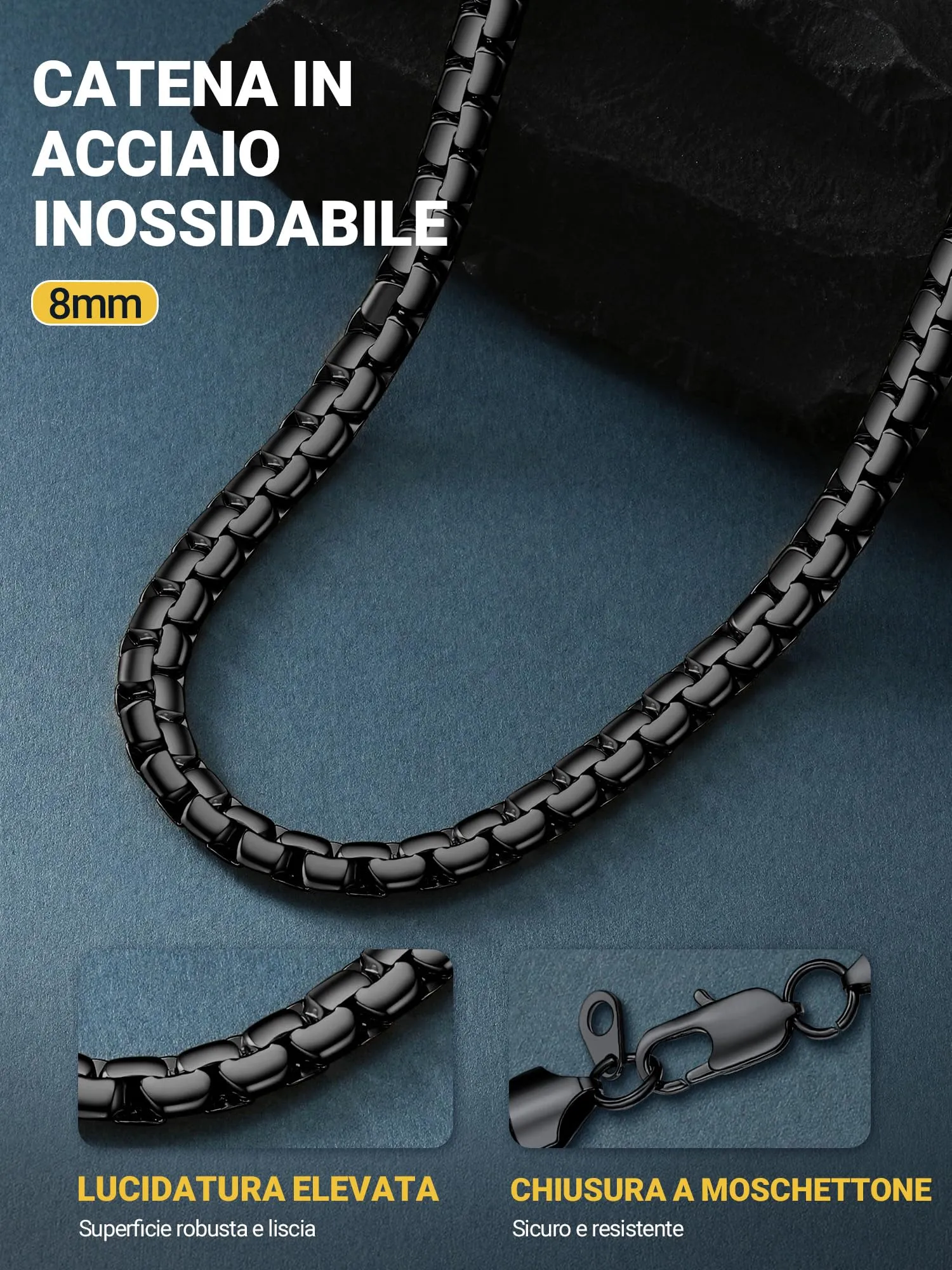 PROSTEEL Collana a Maglia Veneziana Piatta 8mm Nero 61cm Acciaio Inox - immagine 7
