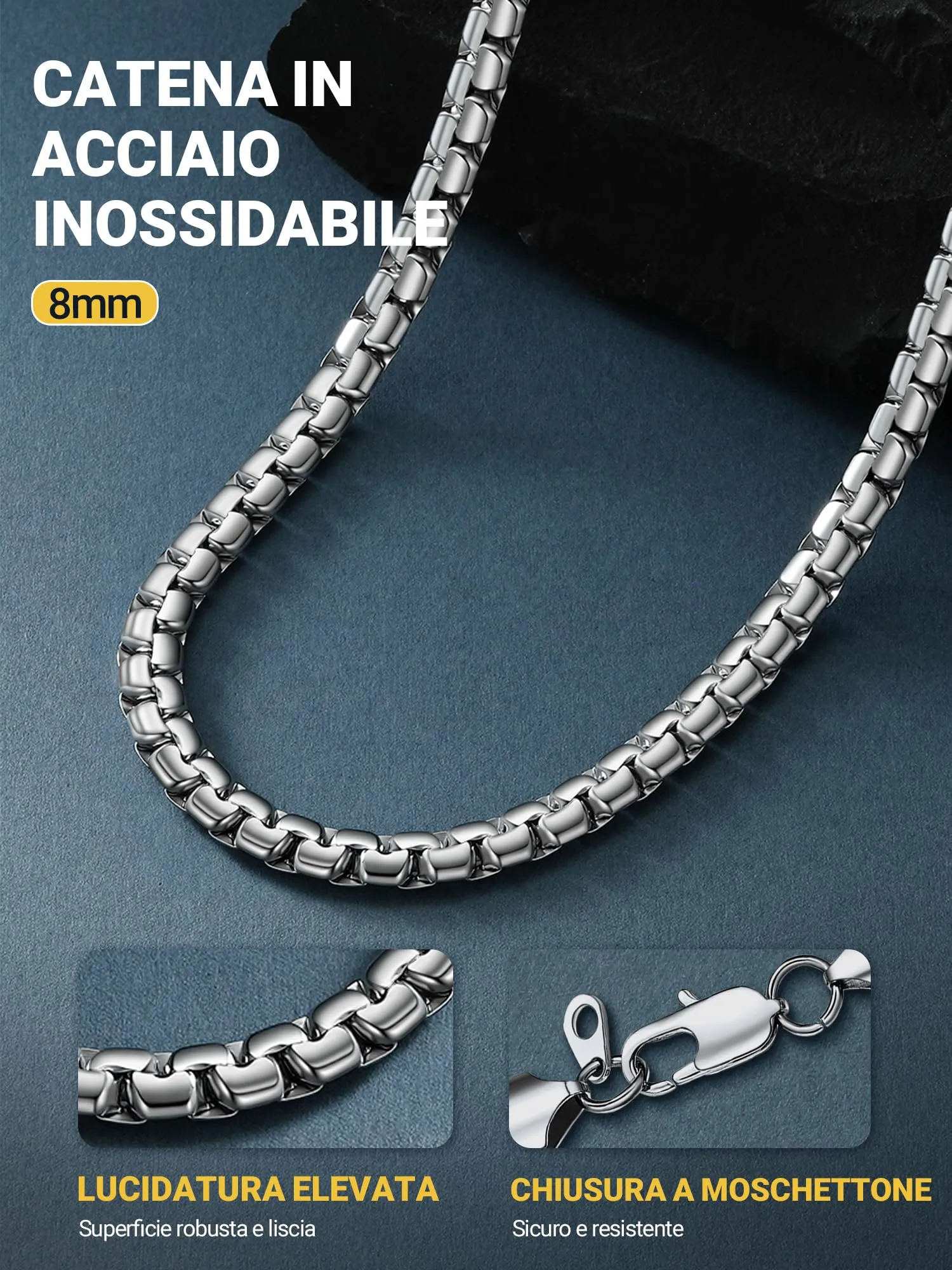 PROSTEEL Catena a Maglia Veneziana 8mm Argento Piatta 61cm Collana Uomo Acciaio - immagine 5