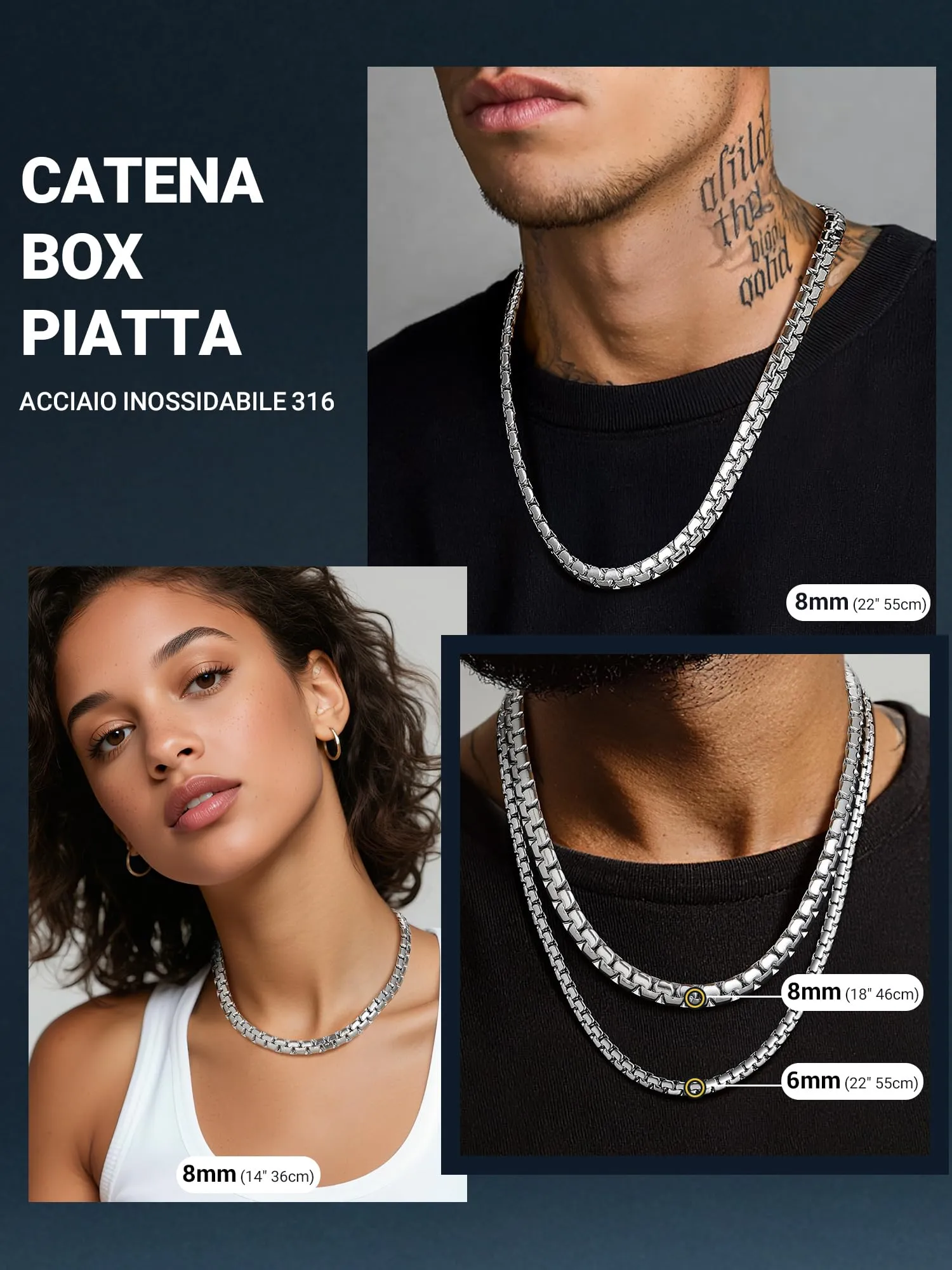PROSTEEL Catena a Maglia Veneziana 8mm Argento Piatta 61cm Collana Uomo Acciaio - immagine 6