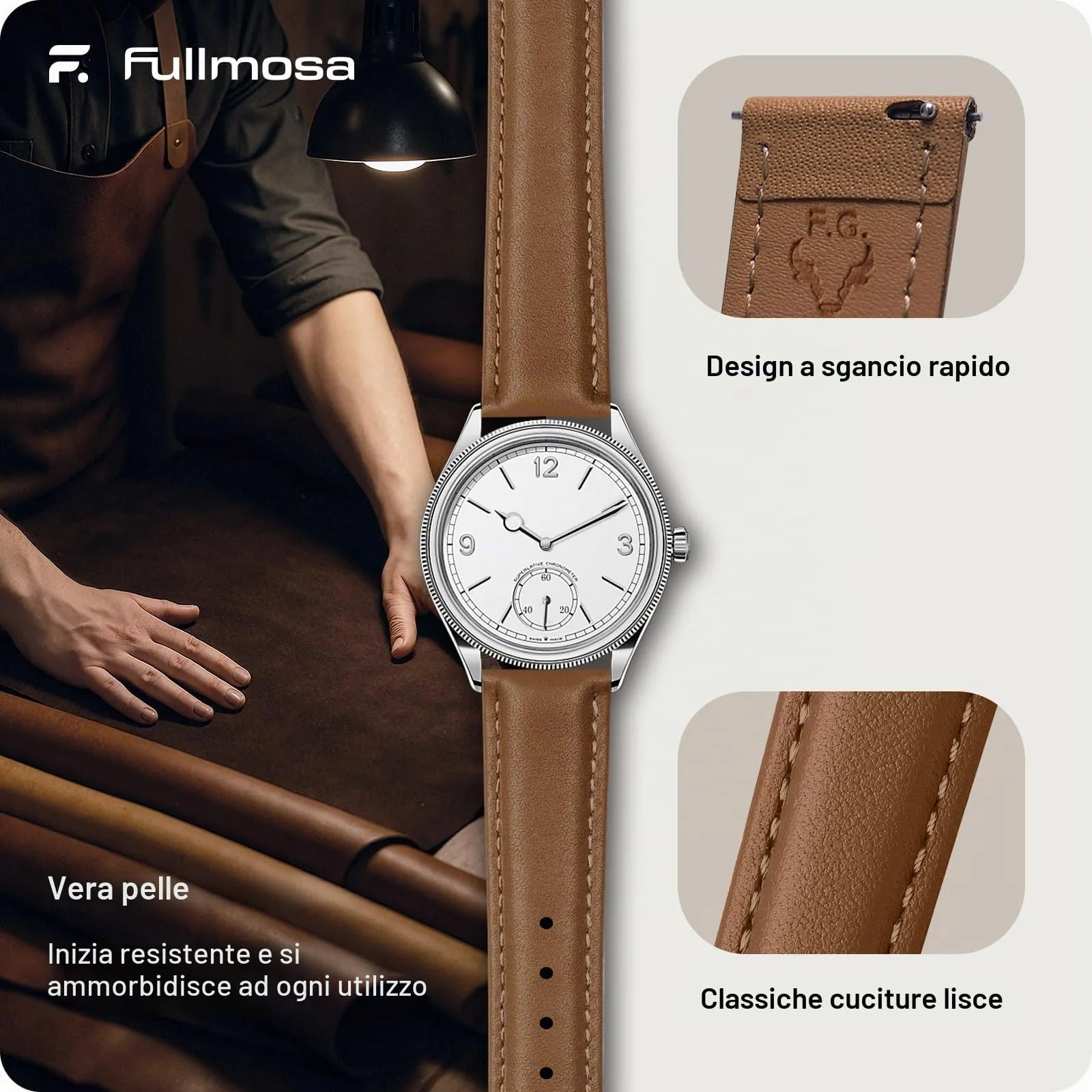 Fullmosa Cinturino per Orologio in Pelle 16mm a Sgancio Rapido Marrone Caramello con Fibbia Argento - immagine 4
