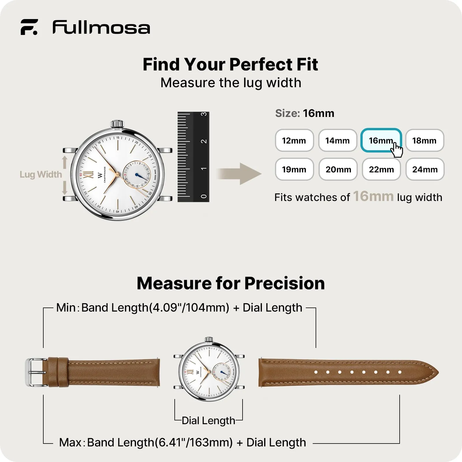 Fullmosa Cinturino per Orologio in Pelle 16mm a Sgancio Rapido Marrone Caramello con Fibbia Argento - immagine 5
