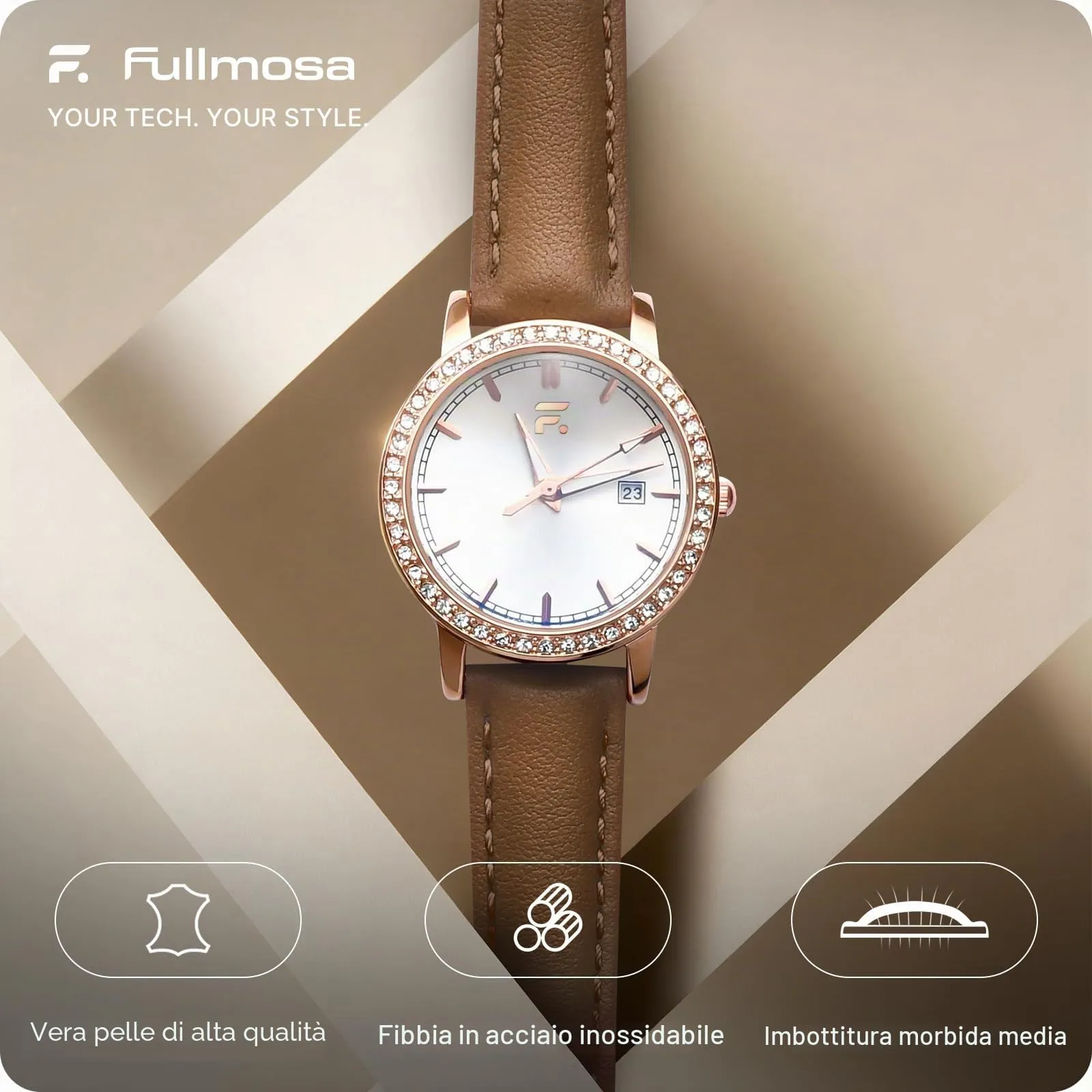 Fullmosa Cinturino per Orologio 16mm in Pelle a Sgancio Rapido - Marrone Caramello con Fibbia Oro Rosa - immagine 2