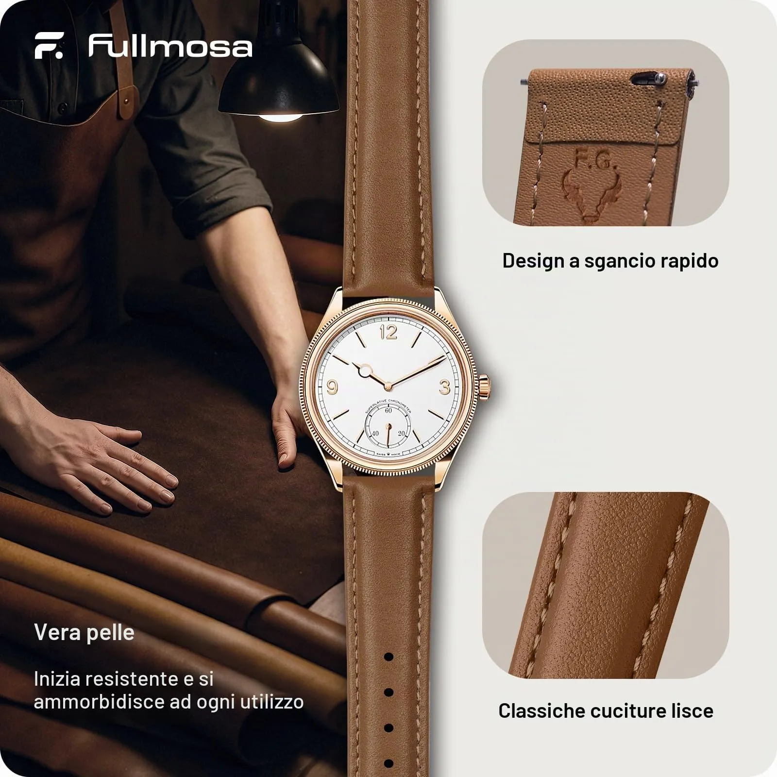 Fullmosa Cinturino per Orologio 16mm in Pelle a Sgancio Rapido - Marrone Caramello con Fibbia Oro Rosa - immagine 4