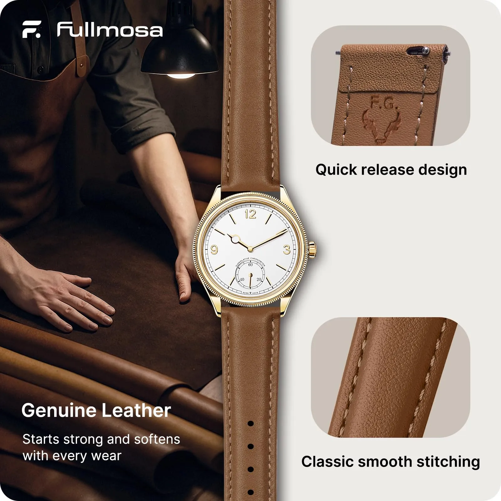 Fullmosa Cinturino per Orologio 14mm in Pelle a Sgancio Rapido, Marrone Caramello con Fibbia Oro - immagine 4