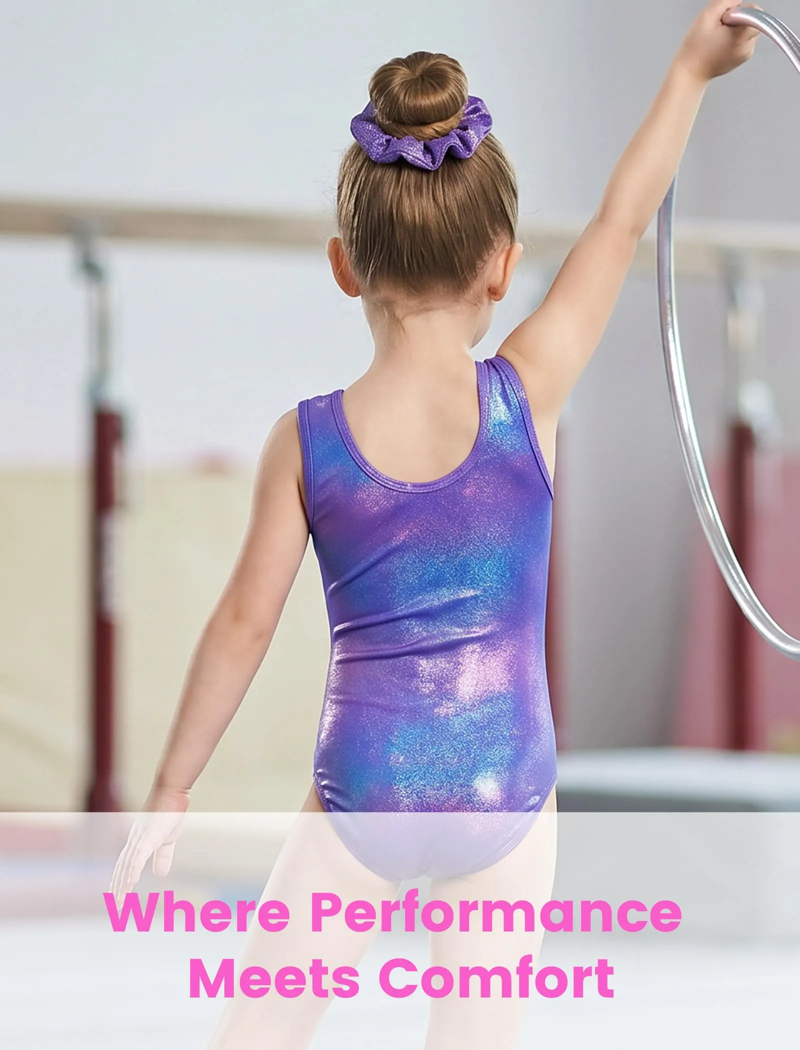 Gogokids Set da ginnastica da bambina 3 pezzi, body senza maniche, pantaloncini e fascia per capelli, Taglia 120 - immagine 2