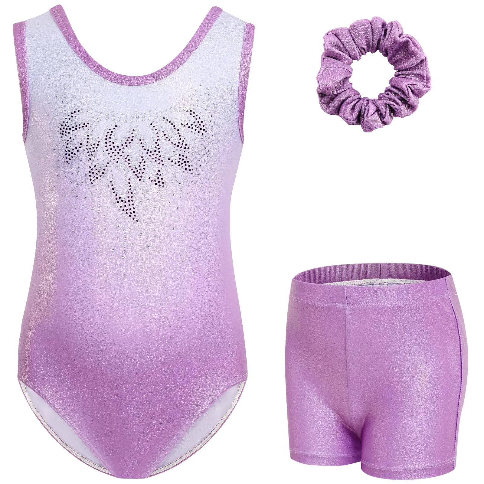 Set di ginnastica a tre pezzi Gogokids per ragazze con body senza maniche, pantaloncini e fascia per capelli, design scintillante a blocchi di colore - immagine 1