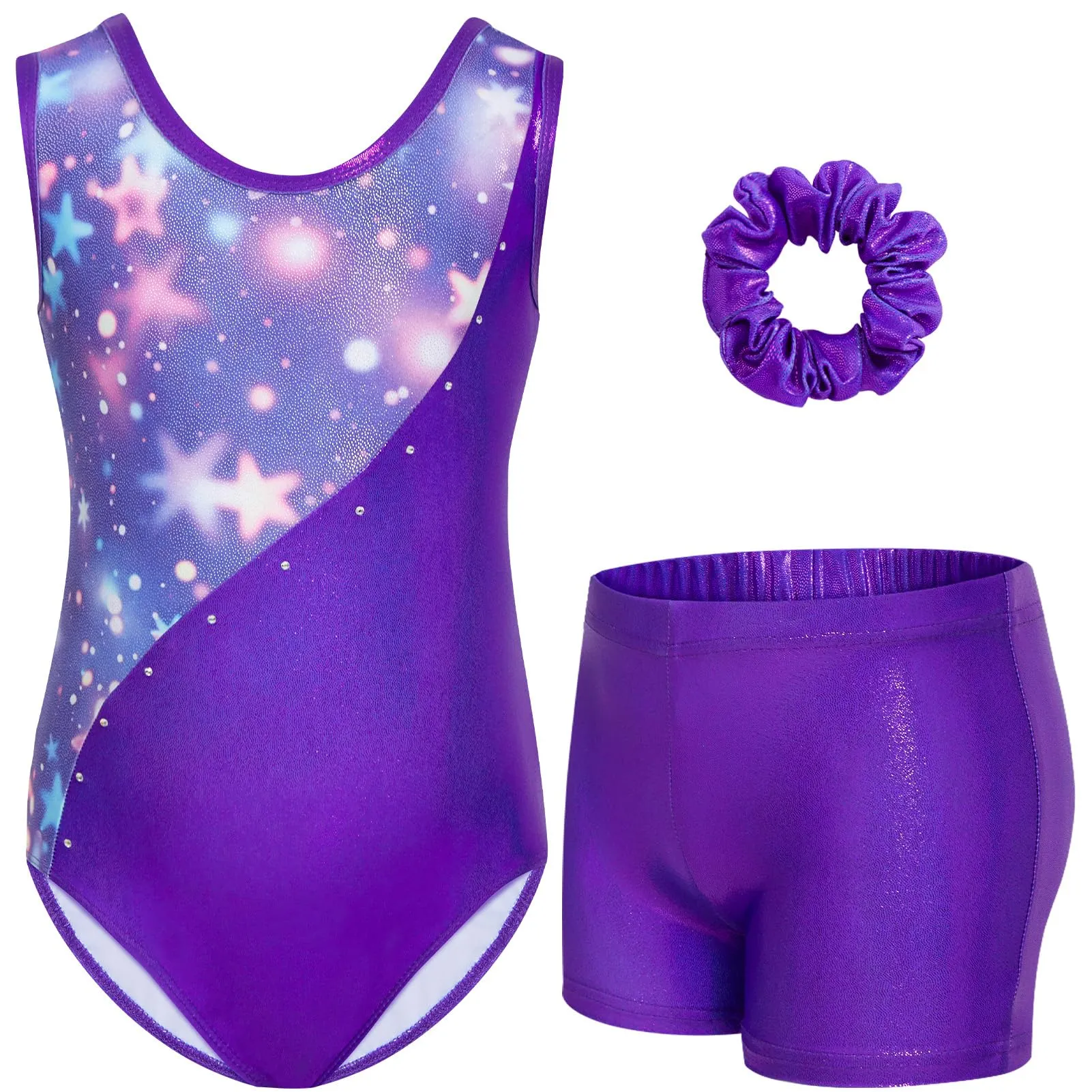Gogokids Set da ginnastica da bambina 3 pezzi, body senza maniche, pantaloncini e fascia per capelli, design sfumato, Viola scuro, 140(130-140) - immagine 1