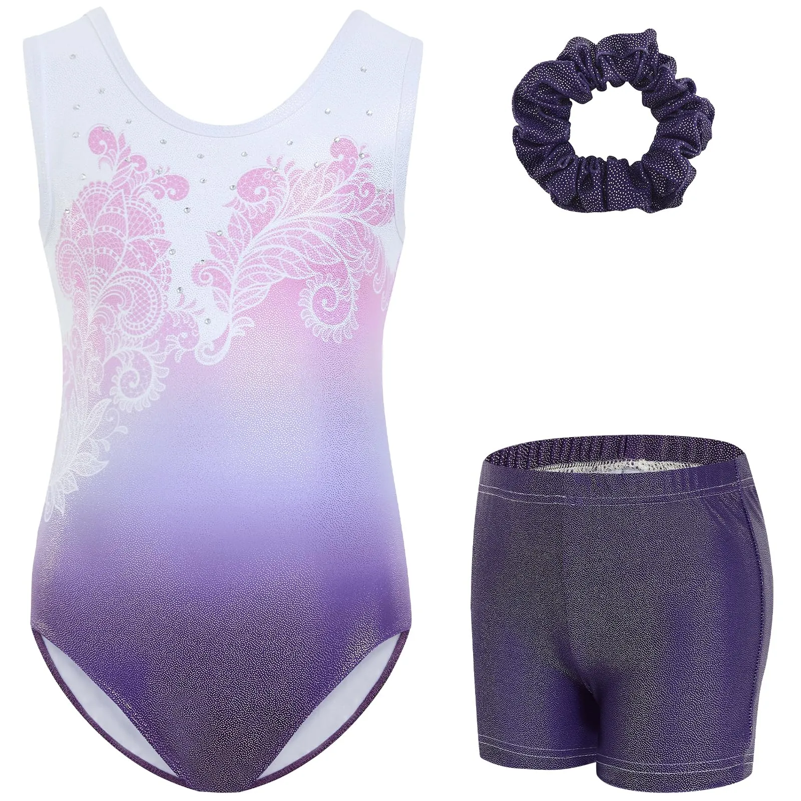 Gogokids Set da ginnastica da bambina 3 pezzi, Body senza maniche, Pantaloncini e Fascia per capelli, Viola - immagine 1