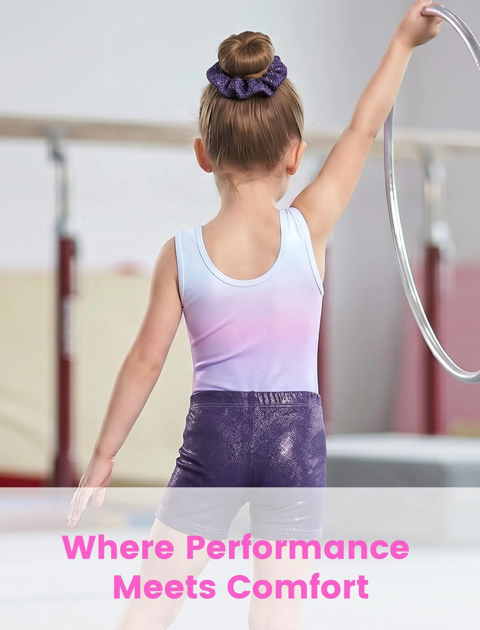 Gogokids Set da ginnastica da bambina 3 pezzi, Body senza maniche, Pantaloncini e Fascia per capelli, Viola - immagine 2