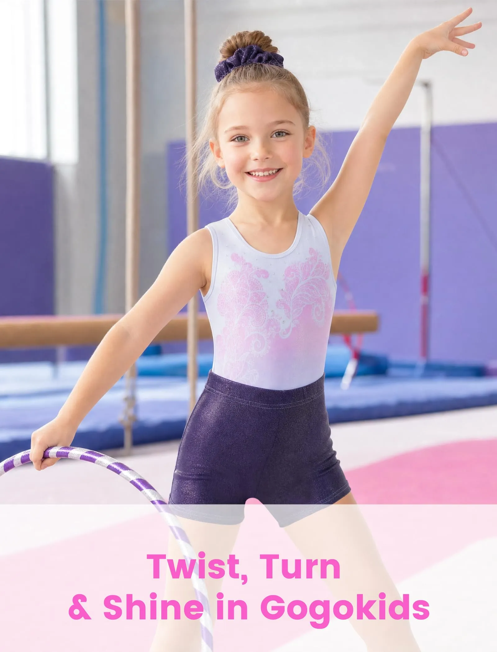 Gogokids Set da ginnastica da bambina 3 pezzi, Body senza maniche, Pantaloncini e Fascia per capelli, Viola - immagine 4