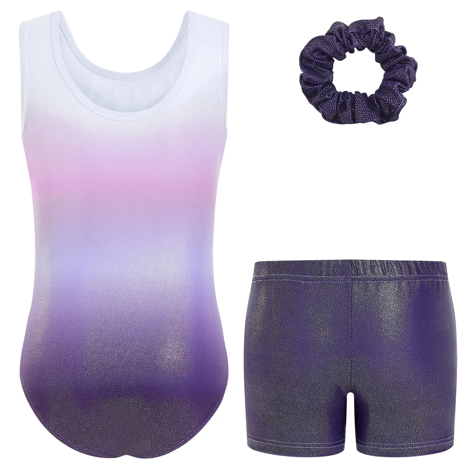 Gogokids Set da ginnastica da bambina 3 pezzi, Body senza maniche, Pantaloncini e Fascia per capelli, Viola - immagine 9