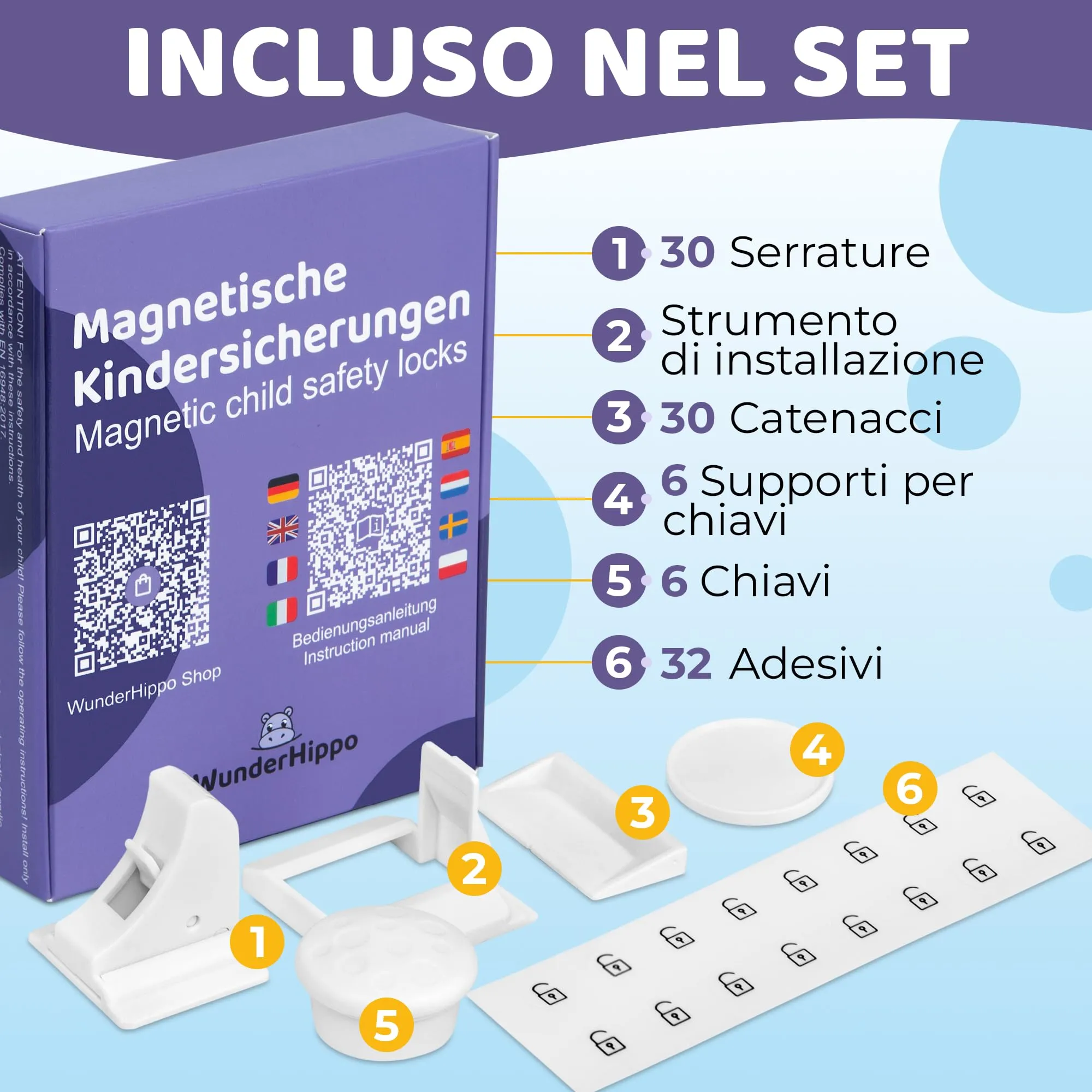 WunderHippo Chiusura Magnetica per Cassetti e Ante, 30 Serrature + 6 Chiavi, Blocco di Sicurezza Magnetico per Bambini - immagine 3